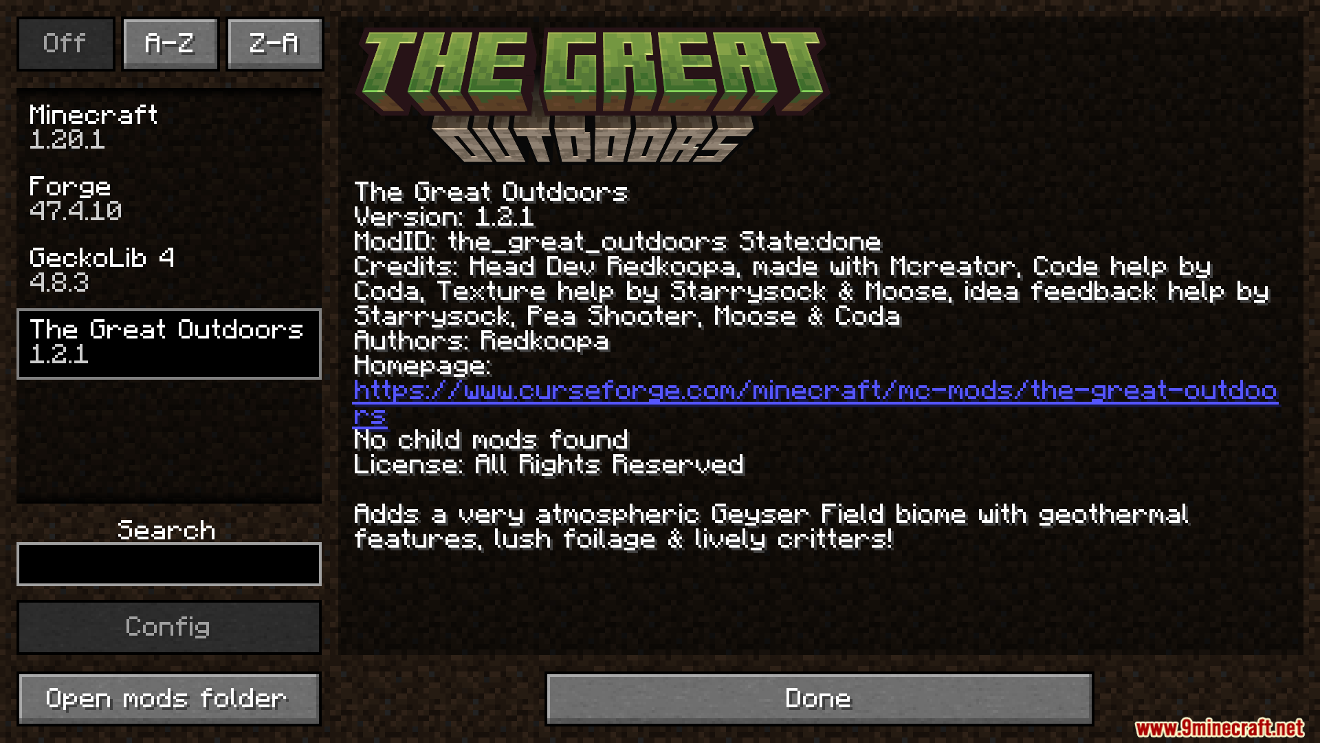 Minecraft mod menu showing information and credits for The Great Outdoors modification