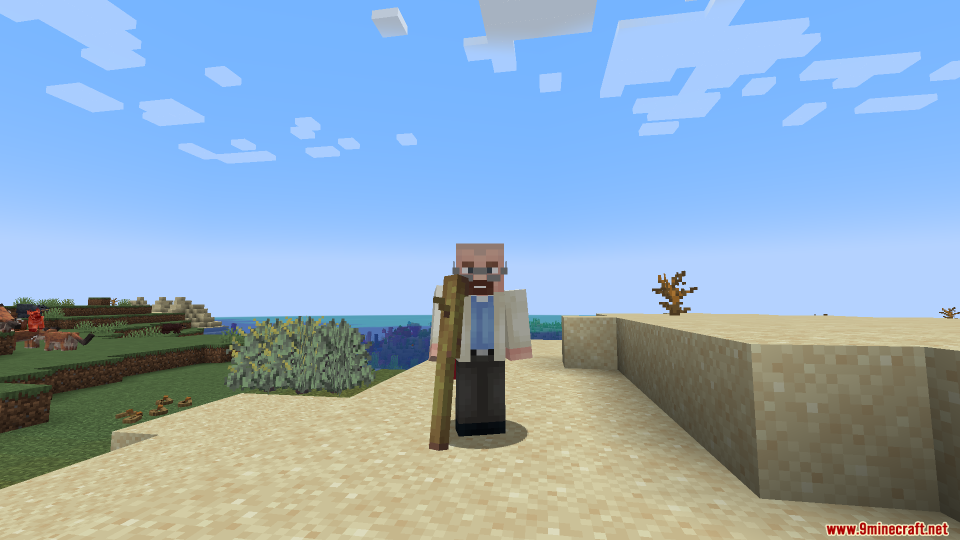 Player character holding a wooden stick in a sandy biome