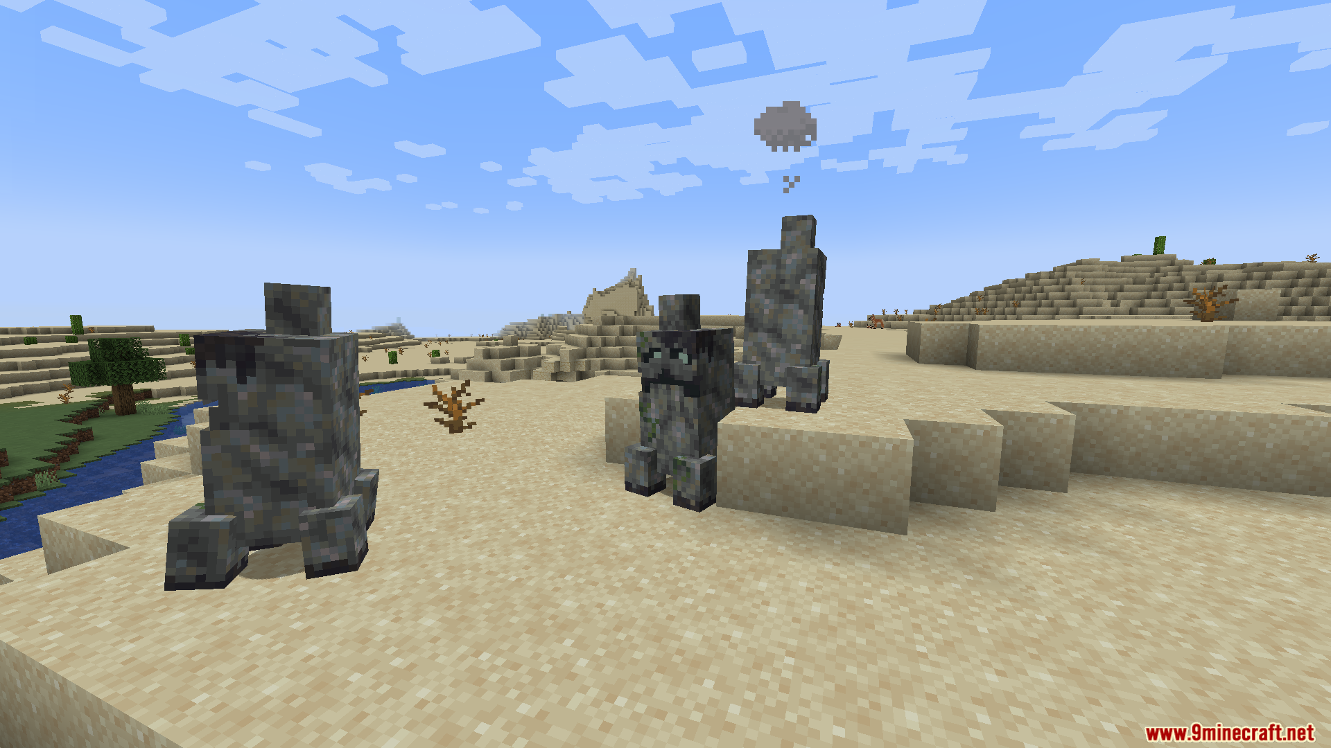 Three grey Seepers standing together in a sandy desert biome in Minecraft
