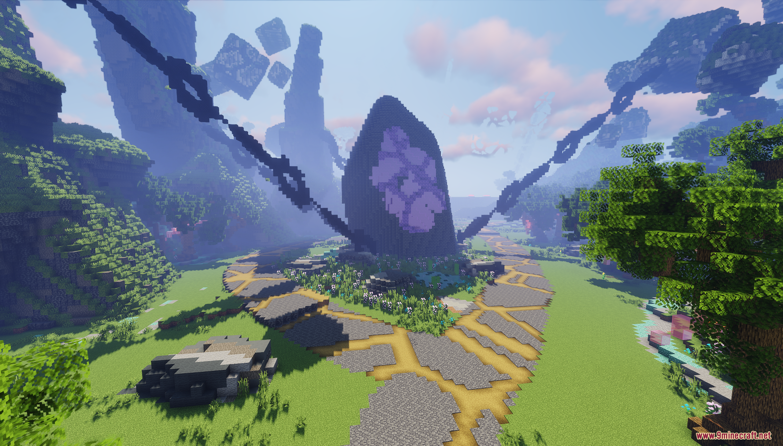 Large dark altar structure with purple crystals and giant chains in a valley