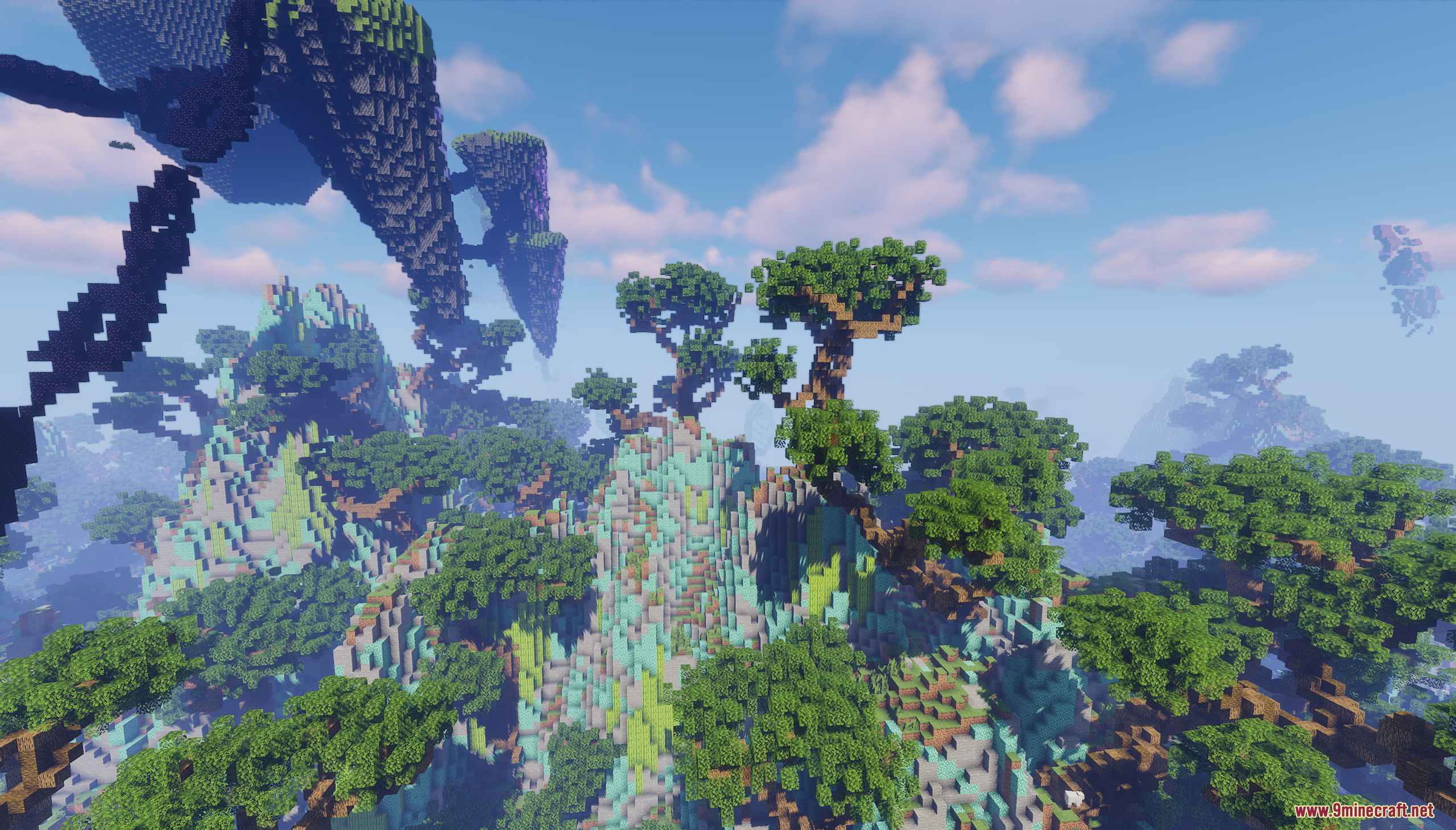Cyan and green mountains covered with large custom trees in a Minecraft world
