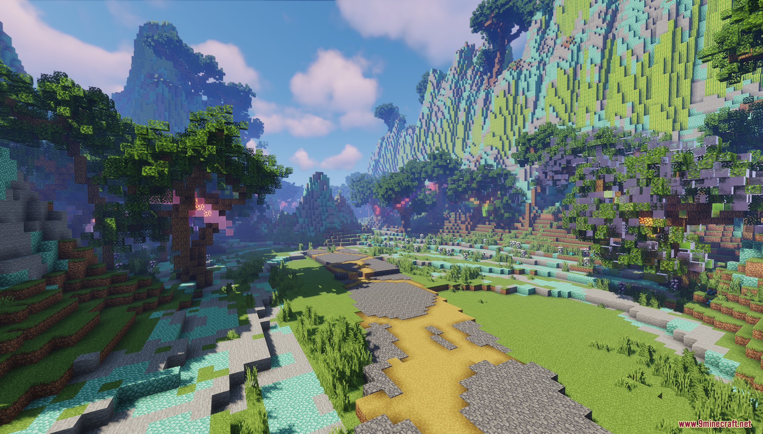 Cracked stone pathway leading through a lush valley with custom trees and mountains