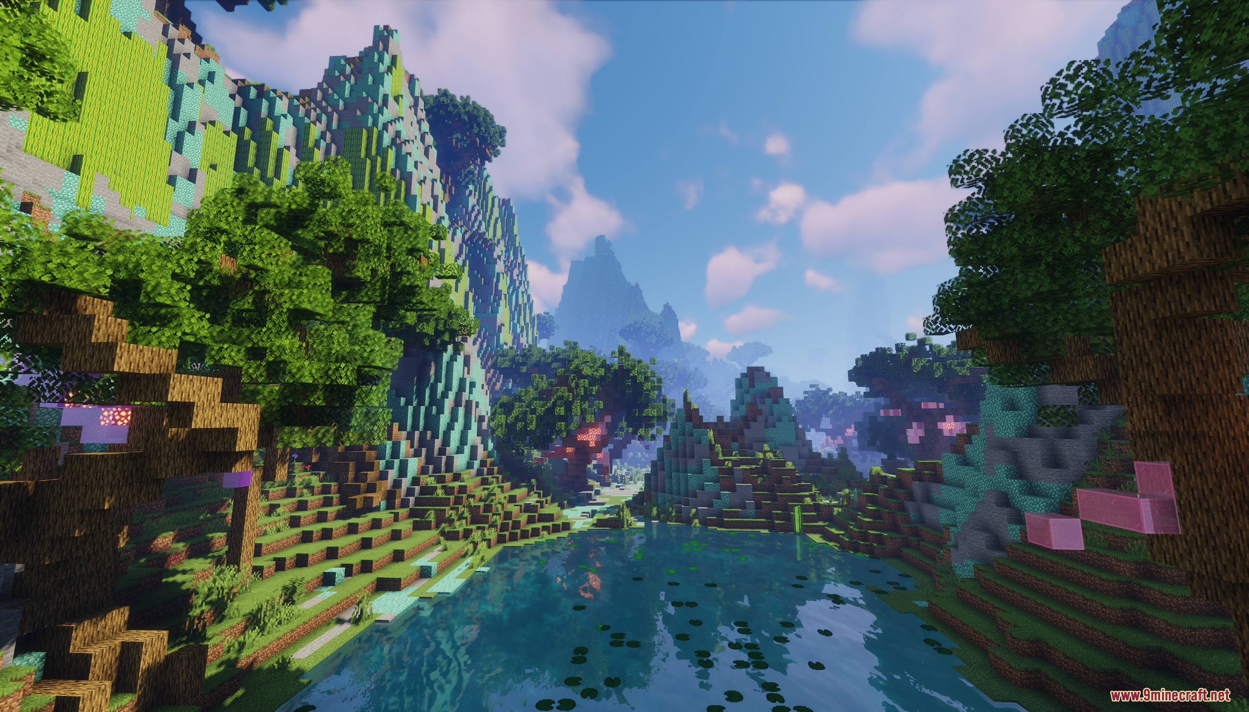 A vibrant Minecraft landscape featuring lush mountains and a river with lily pads