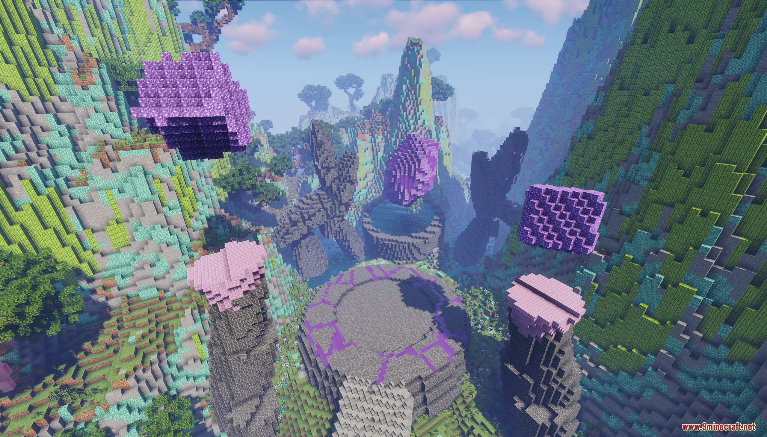 Floating purple crystals above a stone altar surrounded by tall pillars and mountains