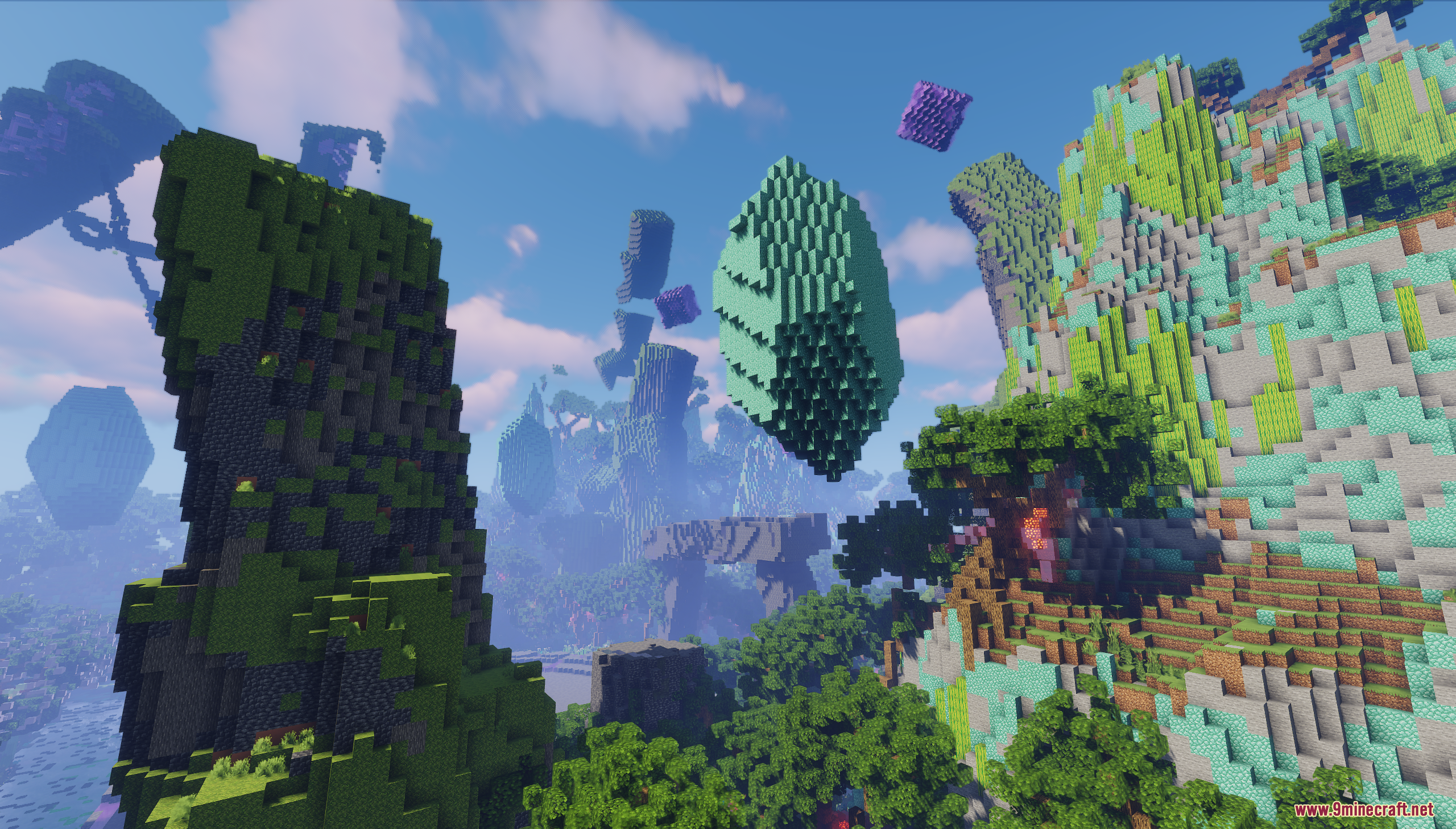 Floating green crystal structures above a lush alien landscape with tall jagged mountains