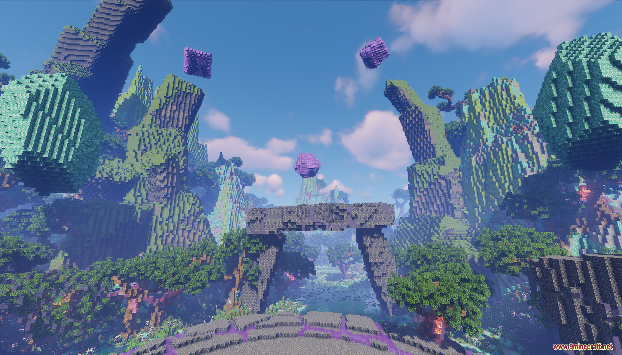 Large stone archway ruin and floating purple crystals in The Lost Altar Map