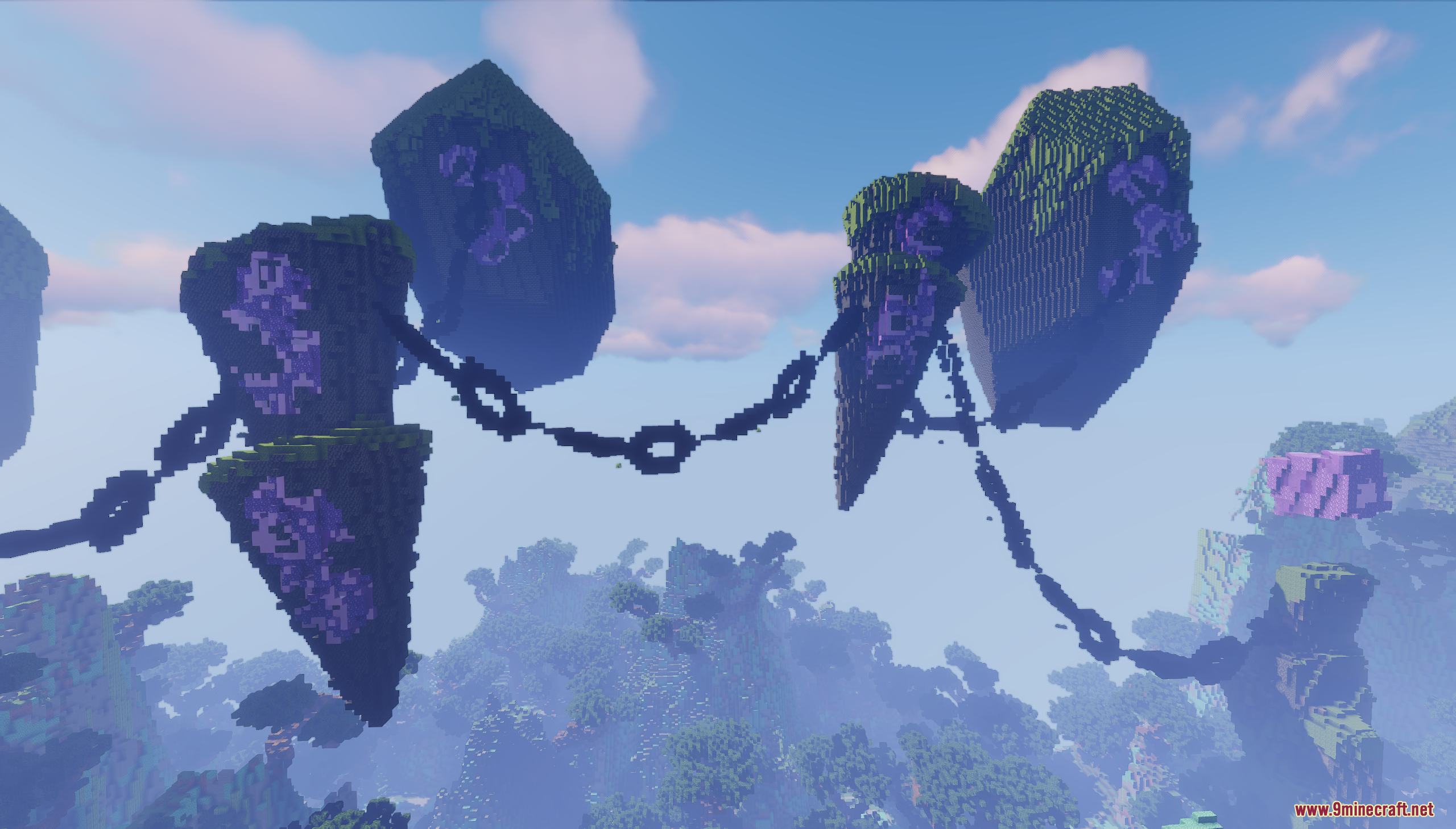 Floating islands with purple crystals connected by large chains in the sky