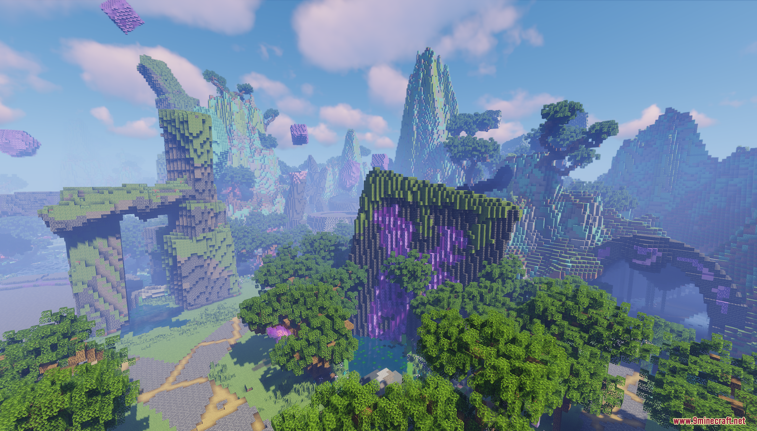 Custom fantasy terrain with large stone ruins and glowing purple crystal formations