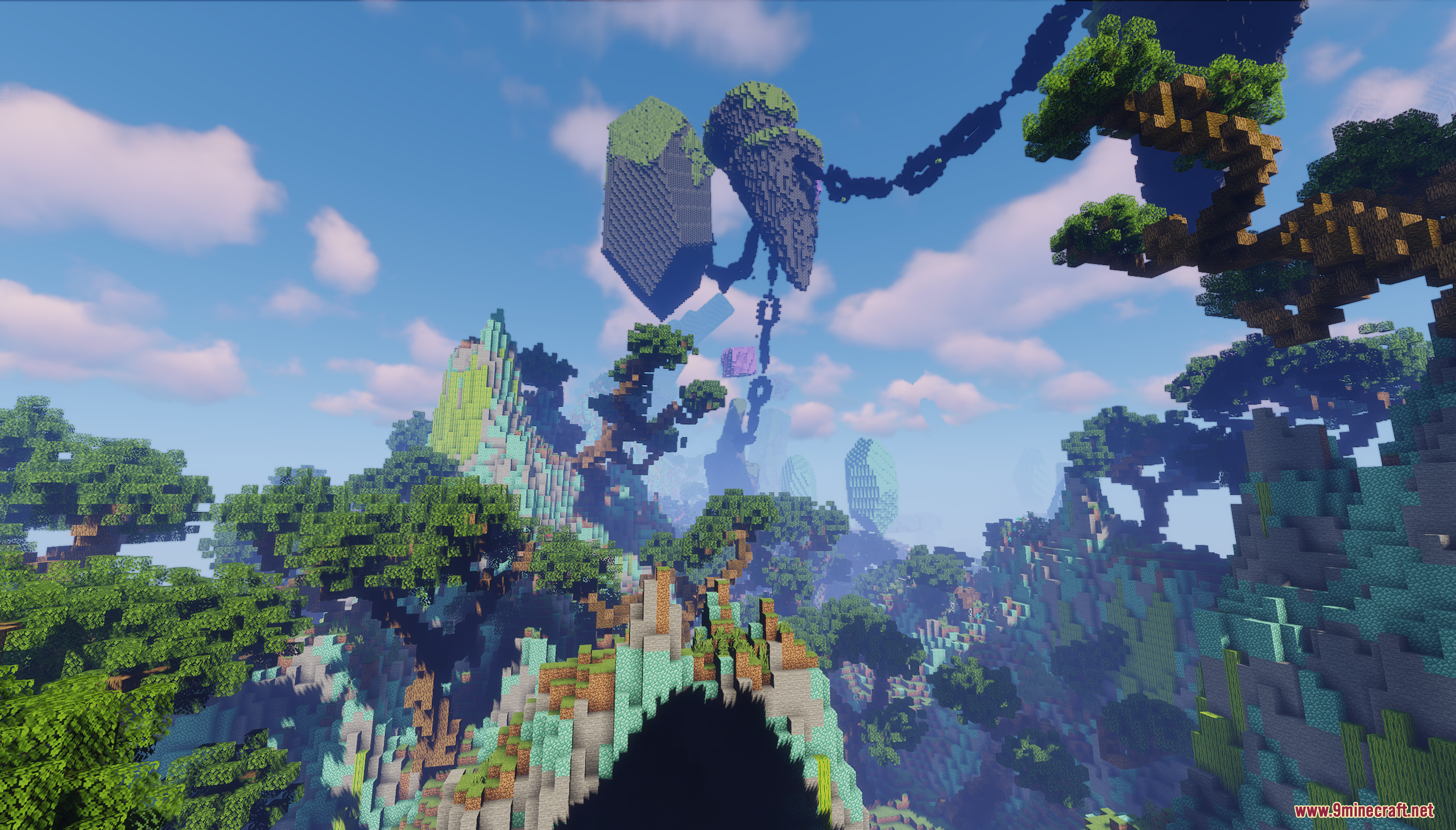 Floating islands connected by chains hover above a custom Minecraft forest landscape