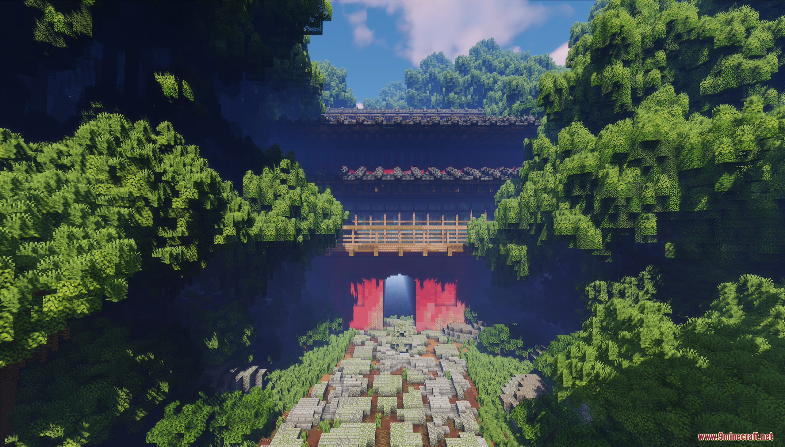 Front view of The Red Gate Map nestled in lush forest