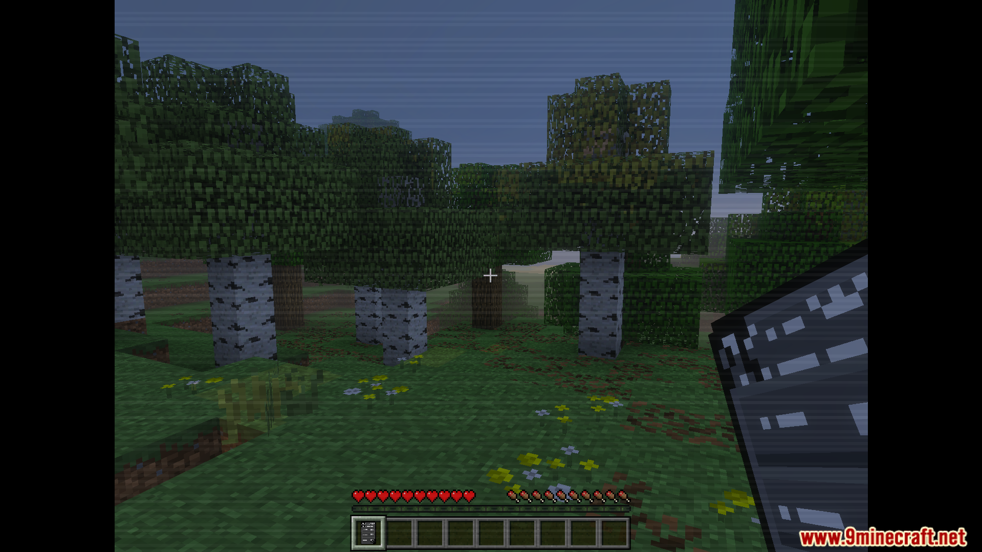 The Shattered Command Addon Screenshot 2 Player exploring a forest with the creepy VHS overlay effect active on screen