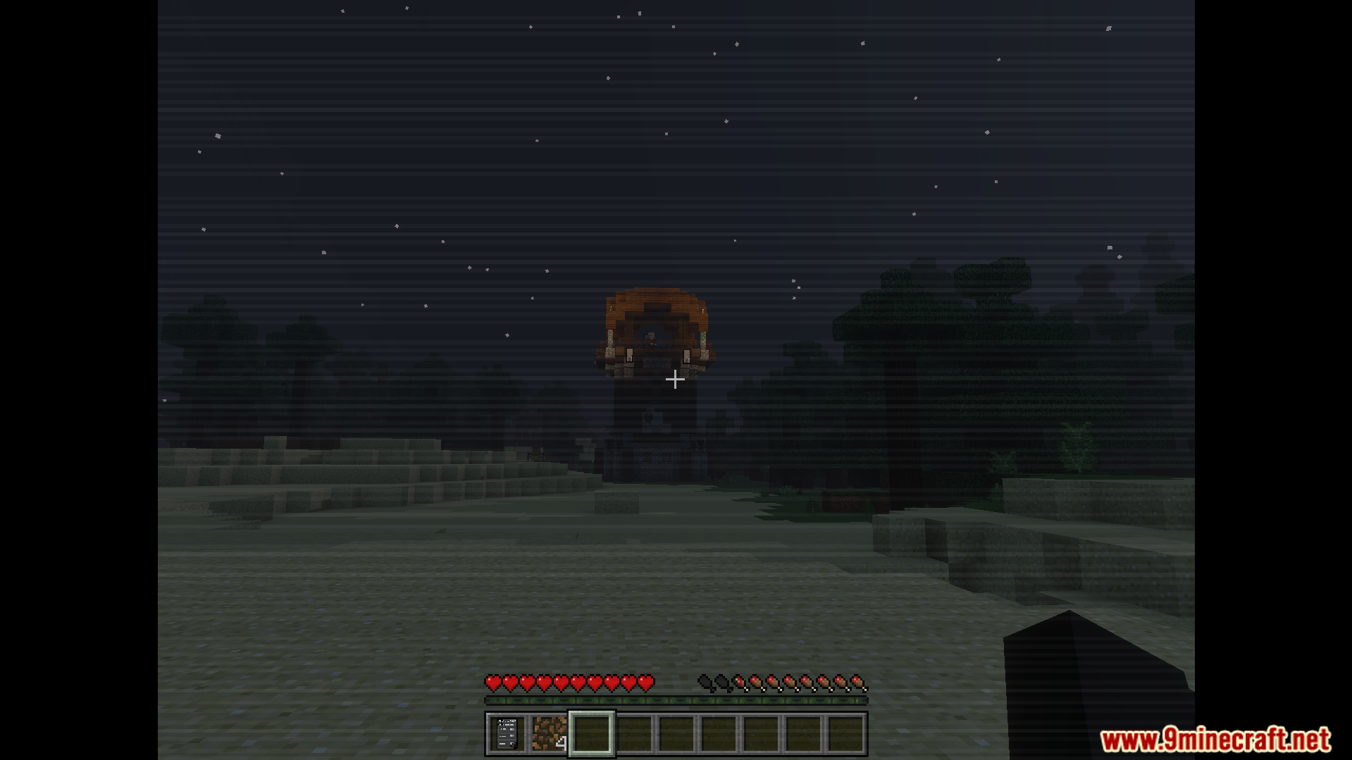 The Shattered Command Addon Screenshot 8 Player approaching pillager outpost at night with VHS overlay effect