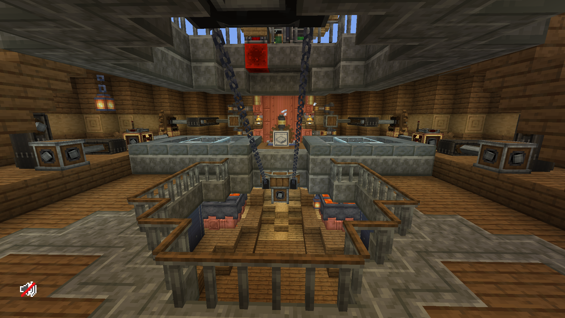 Detailed interior view of the engine room with chains and machinery