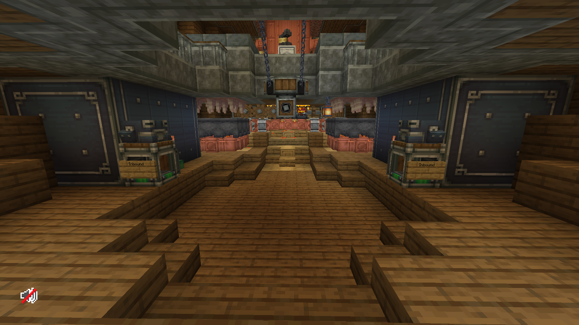 Interior view of a large wooden airship with mechanical control systems and machinery