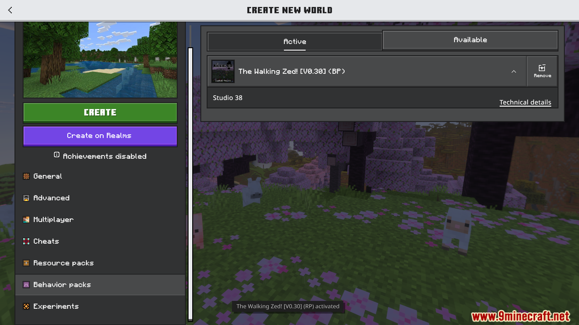 Activating the walking zed behavior pack in the create new world menu