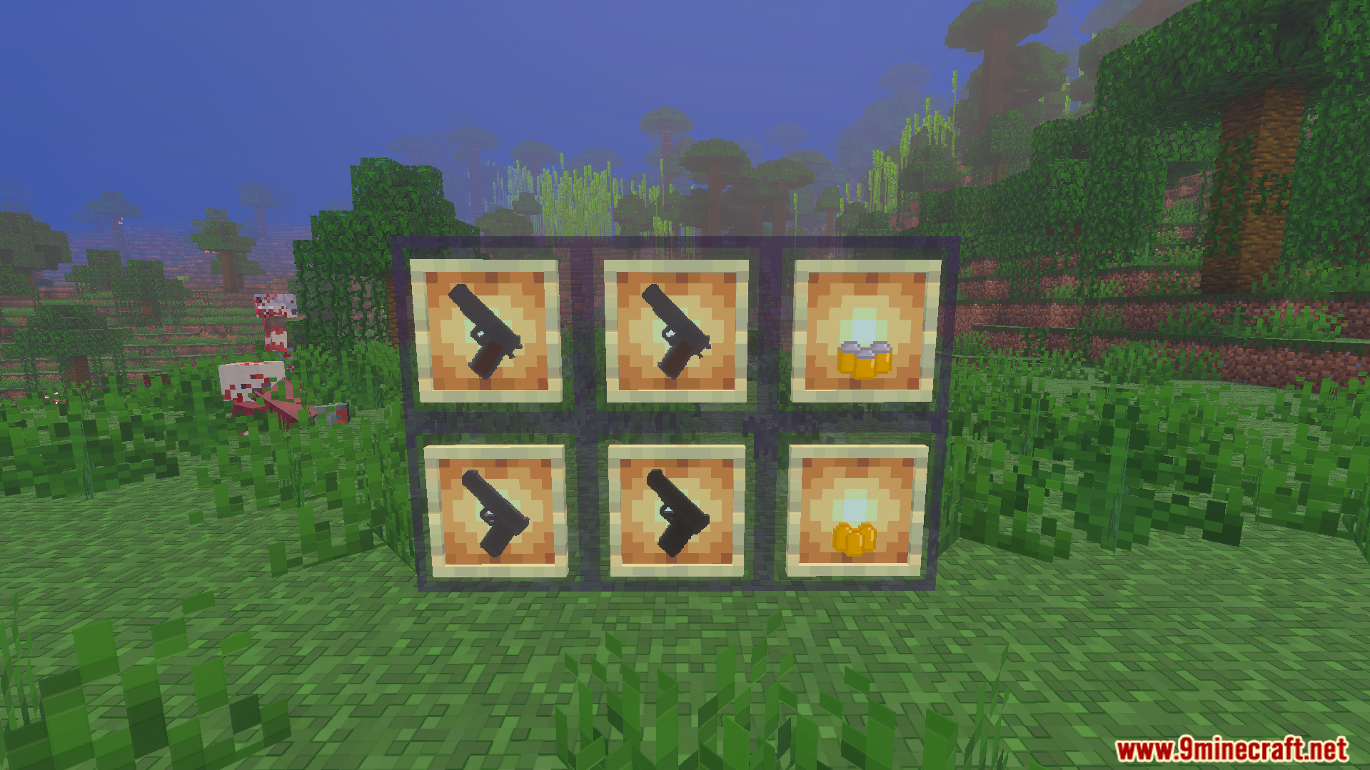 Several black weapons and yellow items displayed in item frames on obsidian blocks
