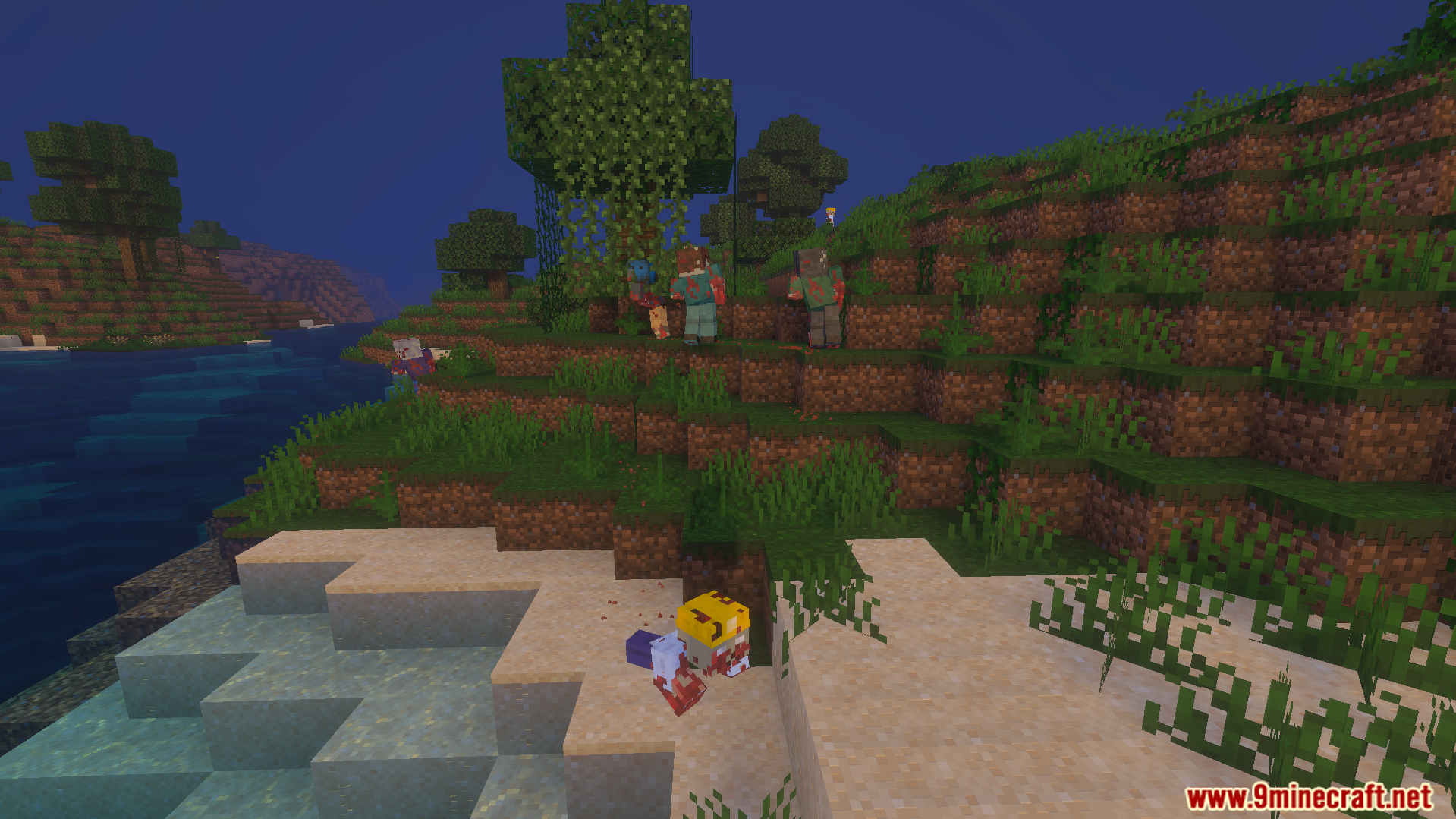 Various new zombie types spawning on a grassy shore near the water