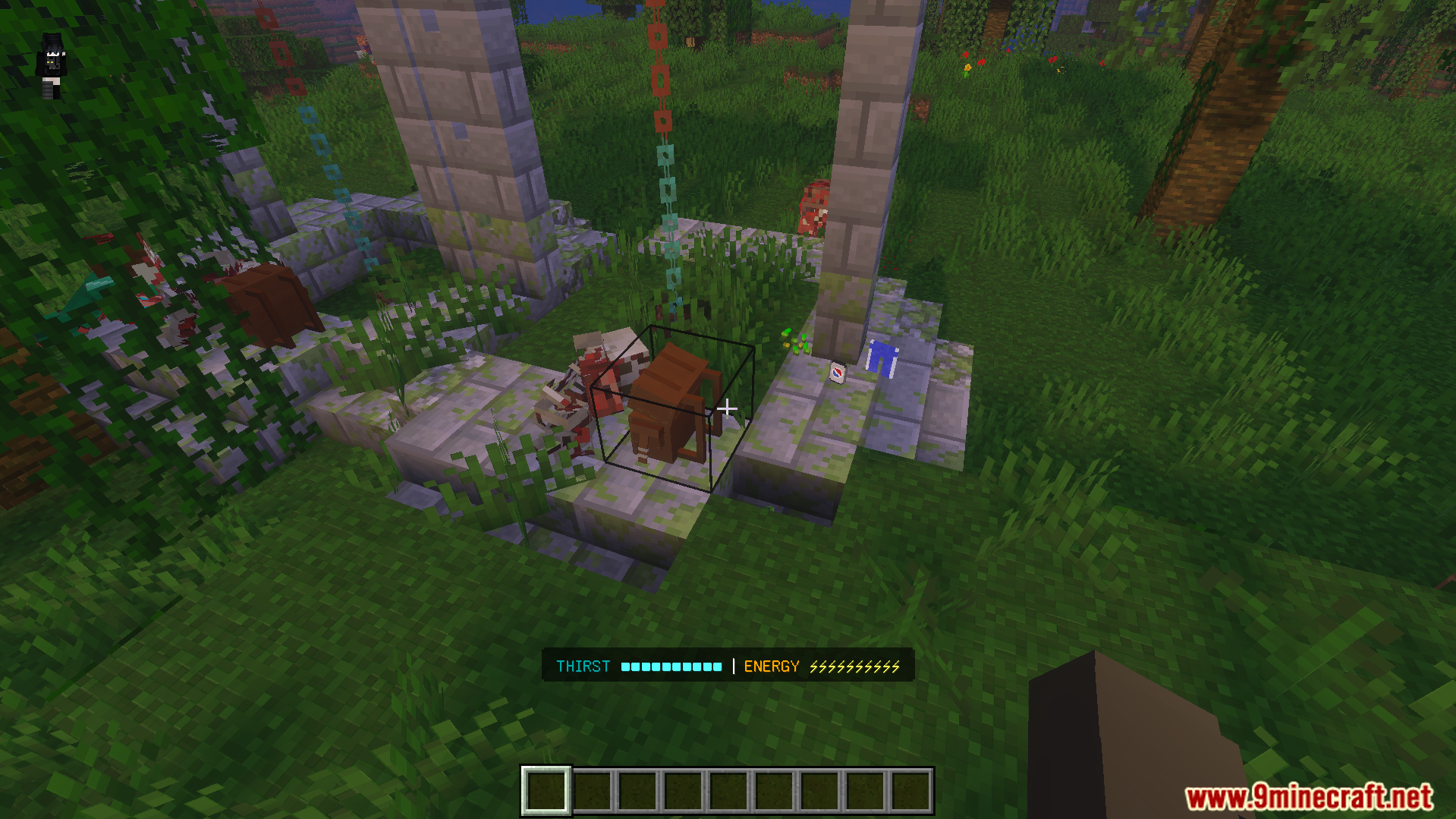 Player exploring custom ruins showing the new thirst and energy survival system
