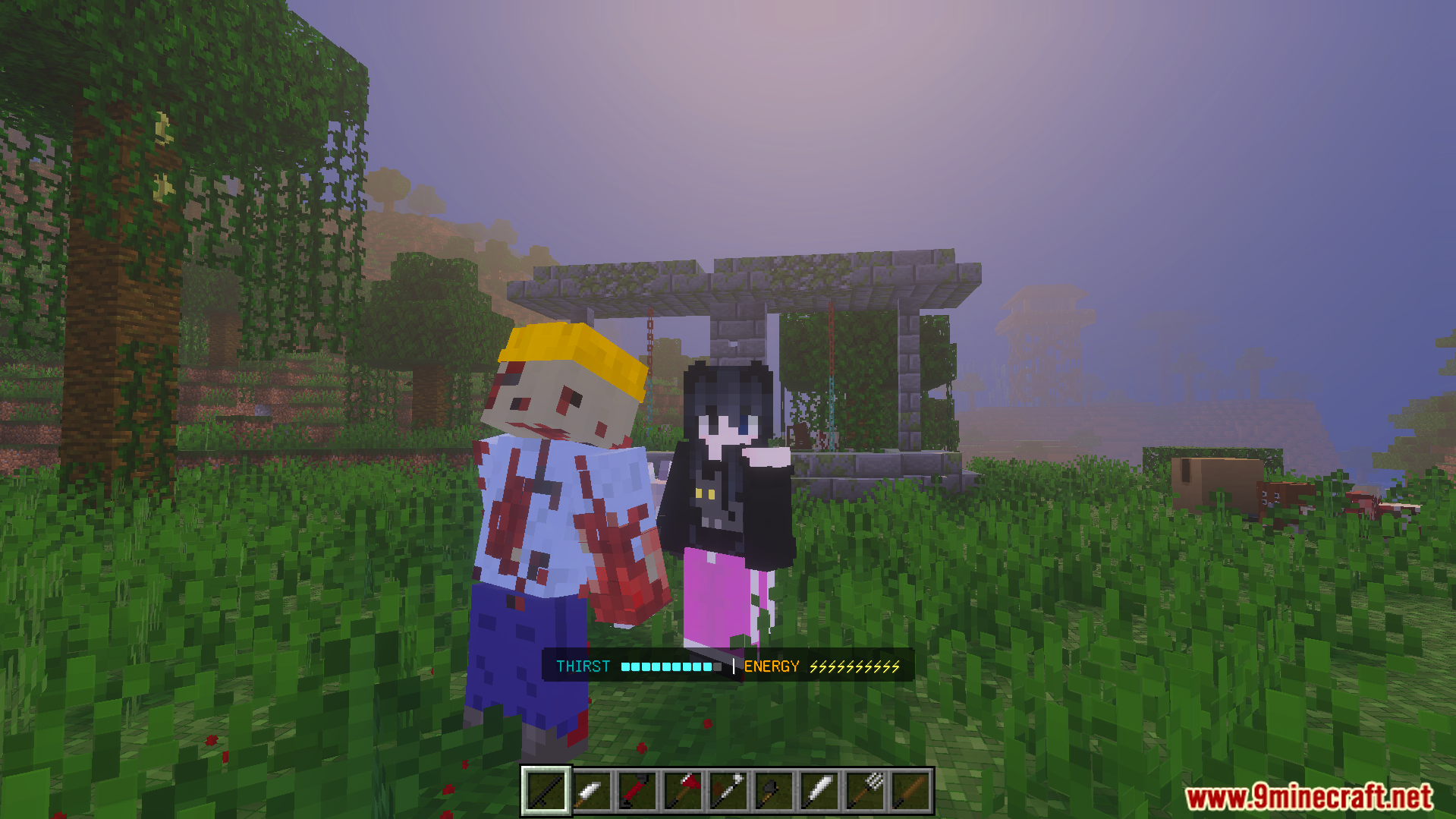 Player and zombie standing near stone ruins in forest