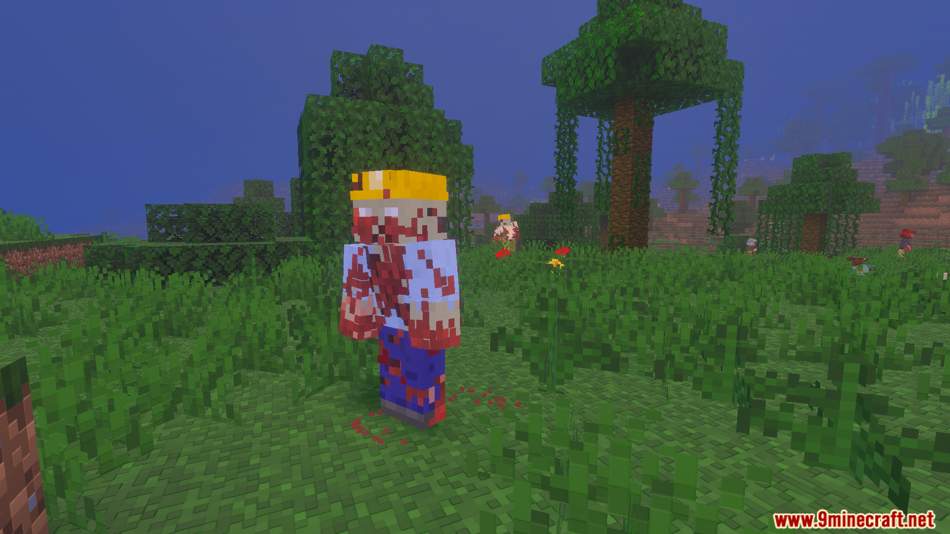 A bloody zombie wearing a yellow hard hat standing in a grassy biome