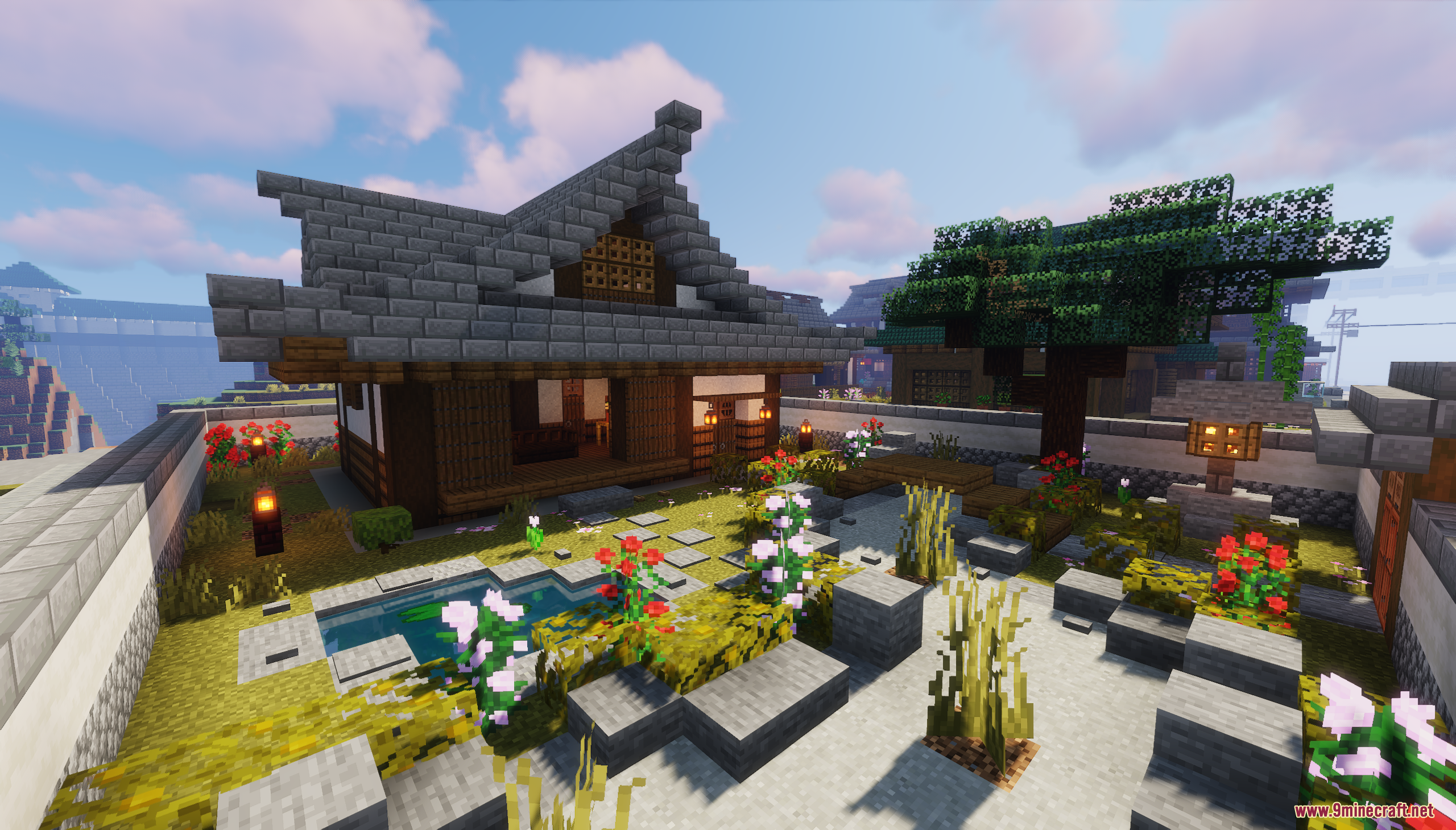 A traditional Japanese house with a peaceful zen garden