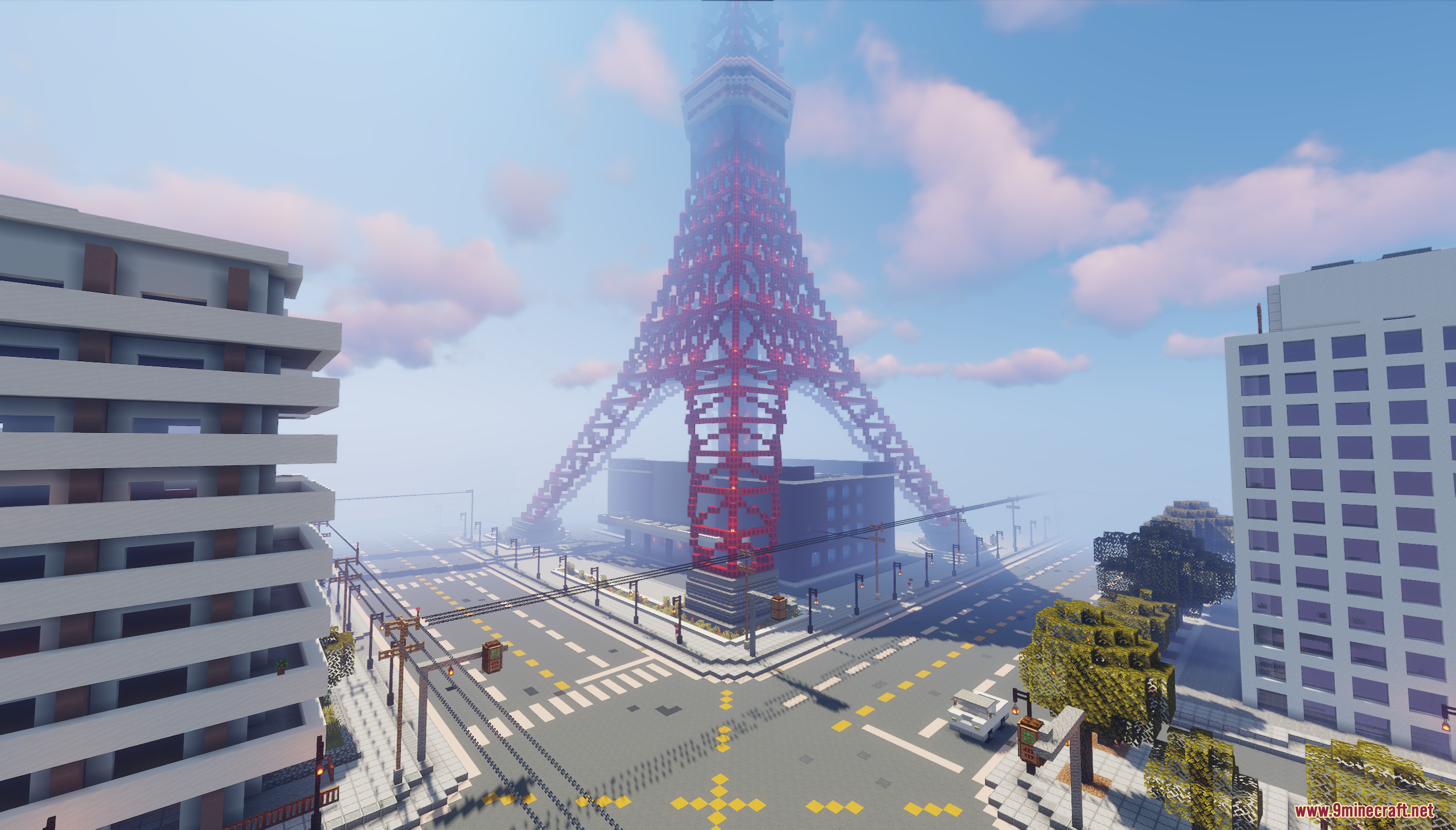 A Minecraft recreation of the Tokyo Tower in a city