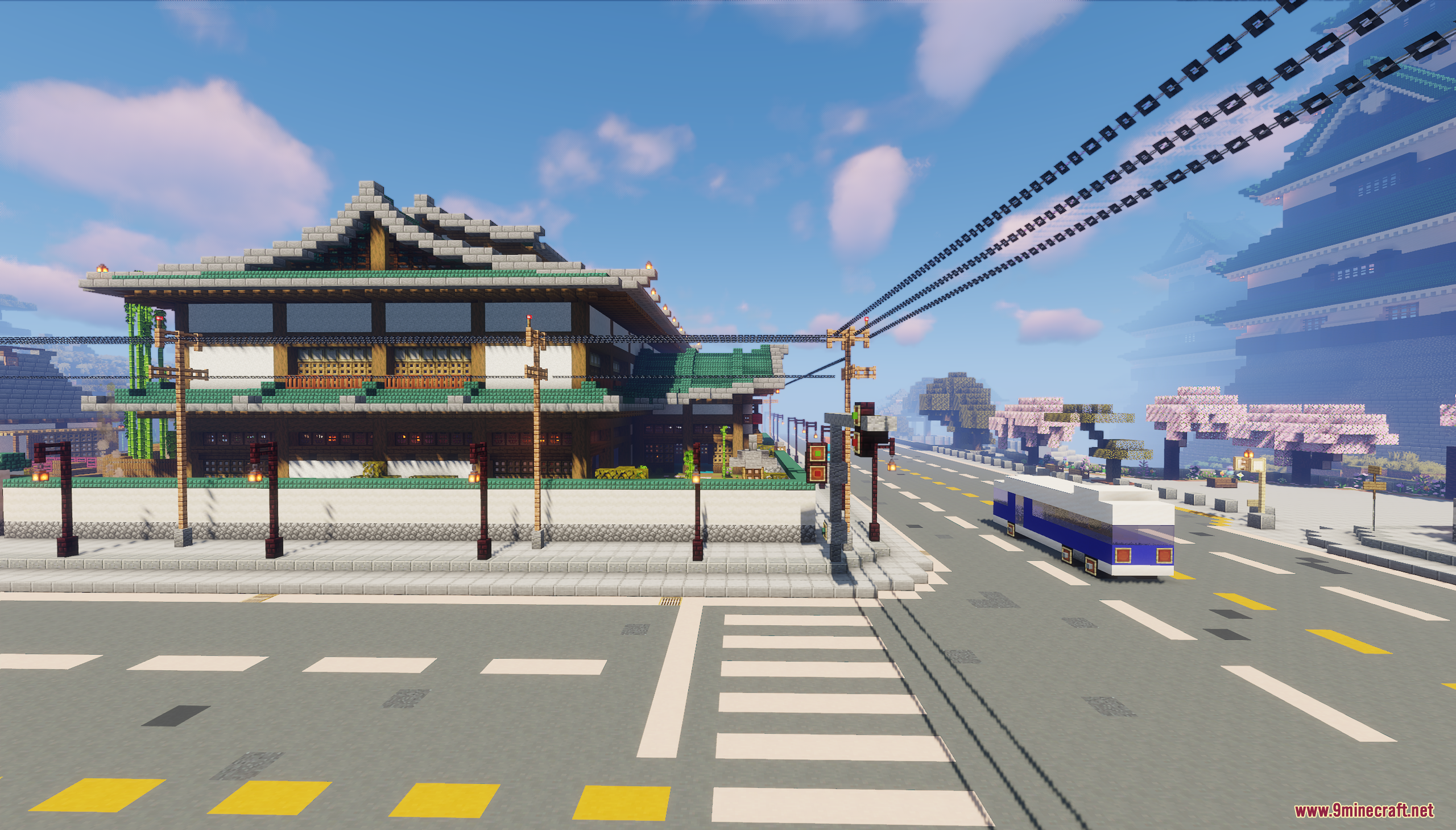 A modern city street with a traditional Japanese building