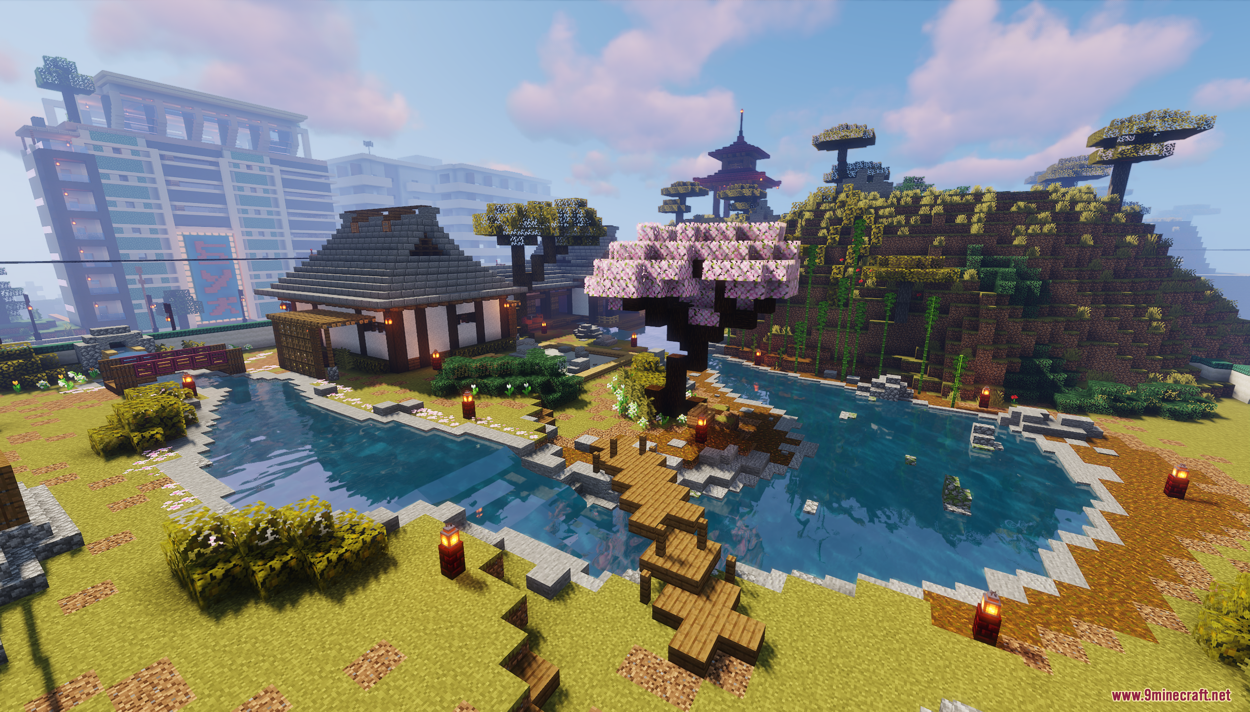 Traditional Japanese garden with a modern city in the background