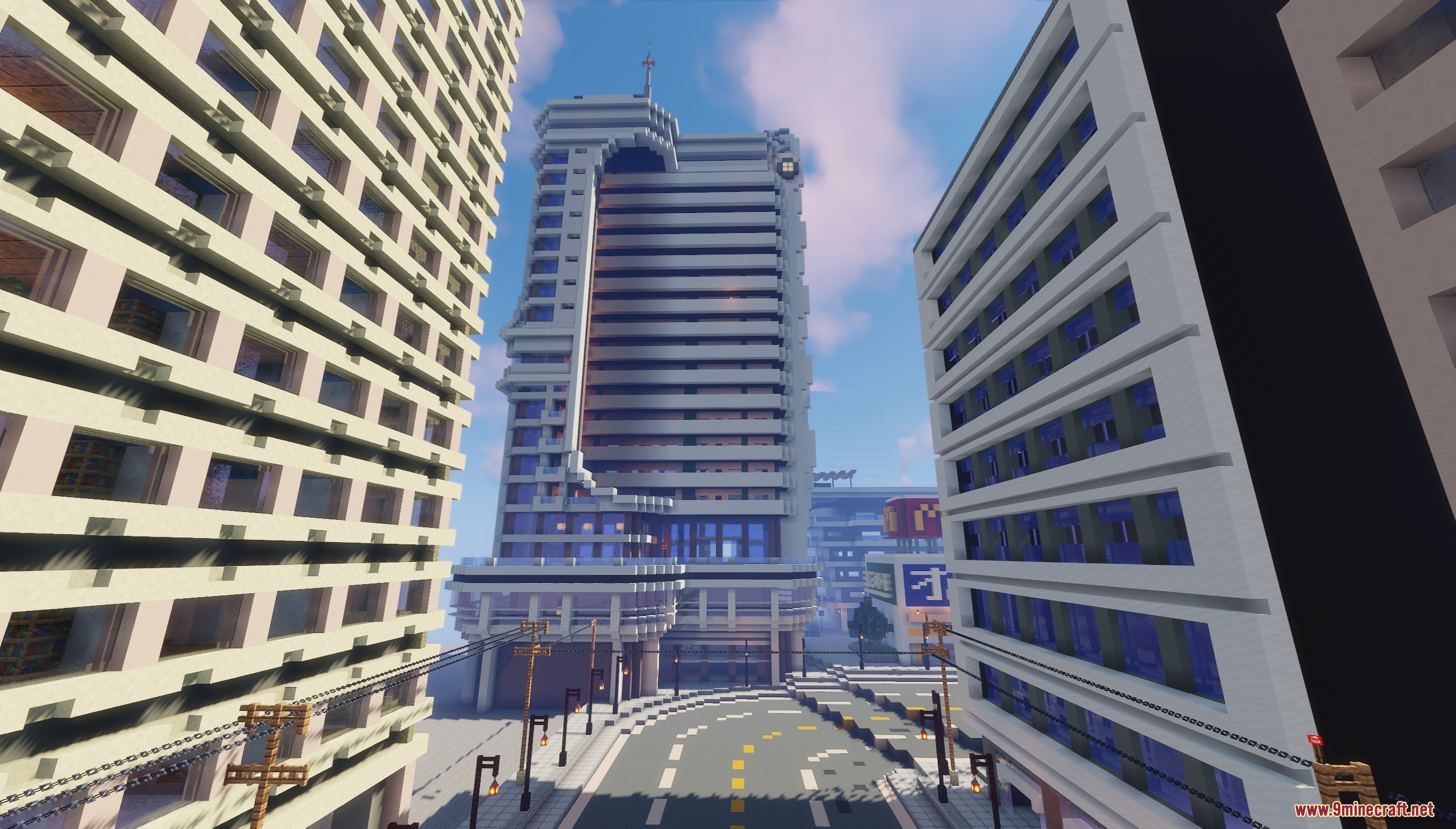 Street view looking up at a futuristic city skyscraper