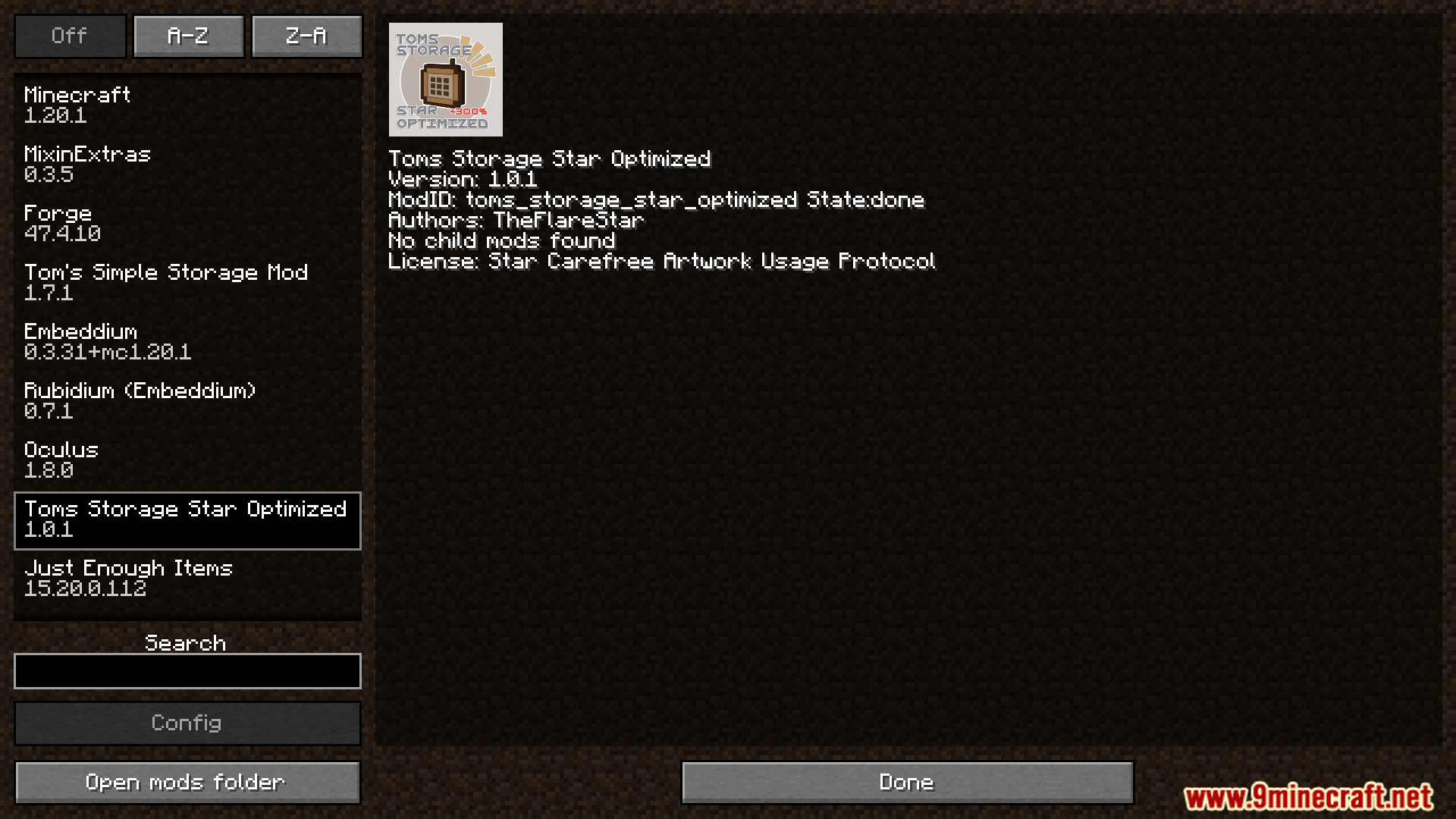 Toms Storage Star Optimized mod in the mods list