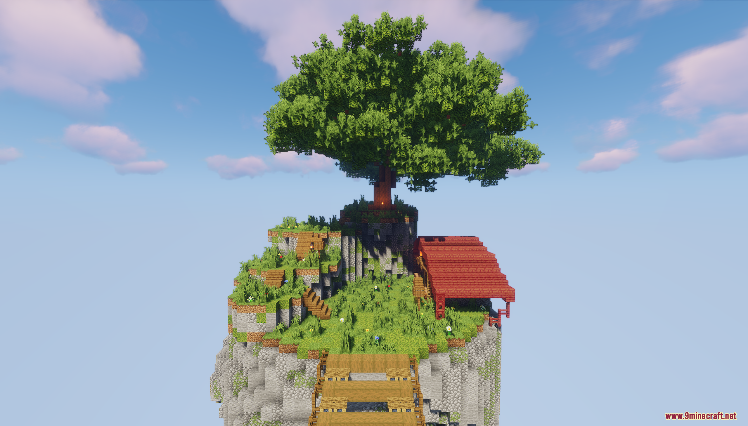 A large custom tree on a floating island with houses