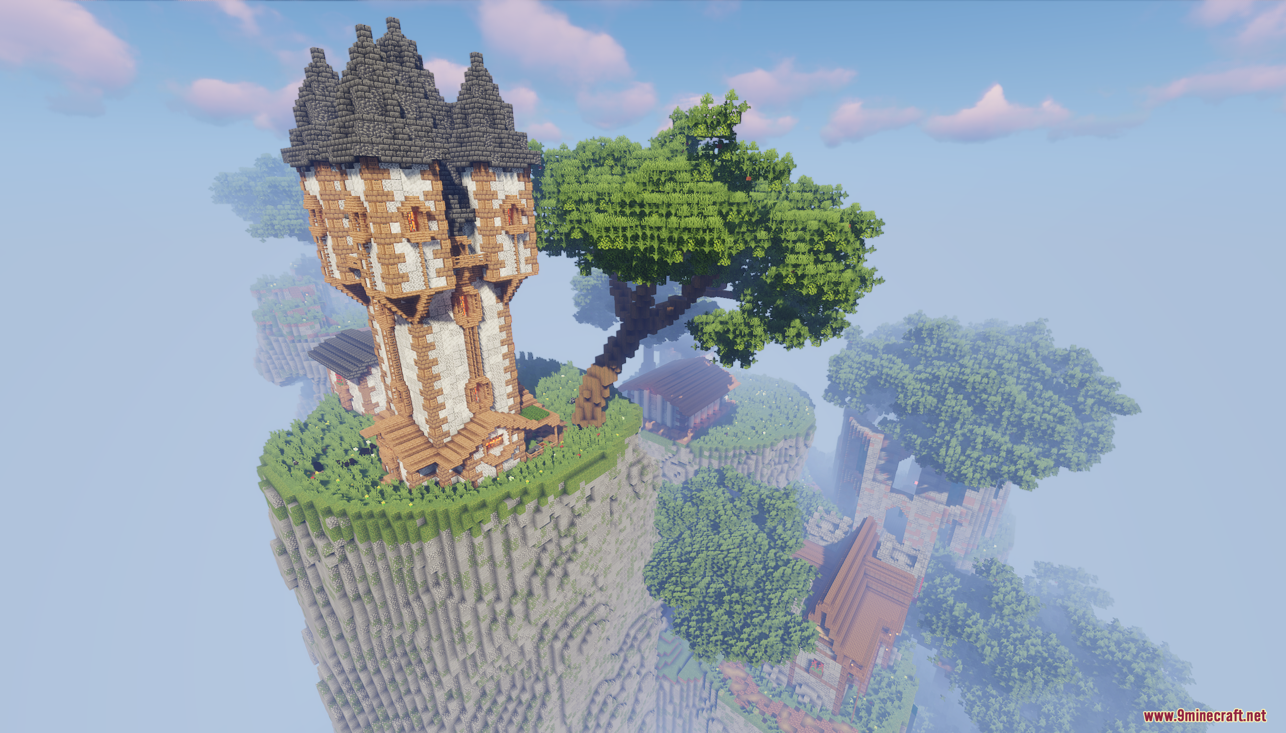 A medieval tower built on a floating sky island