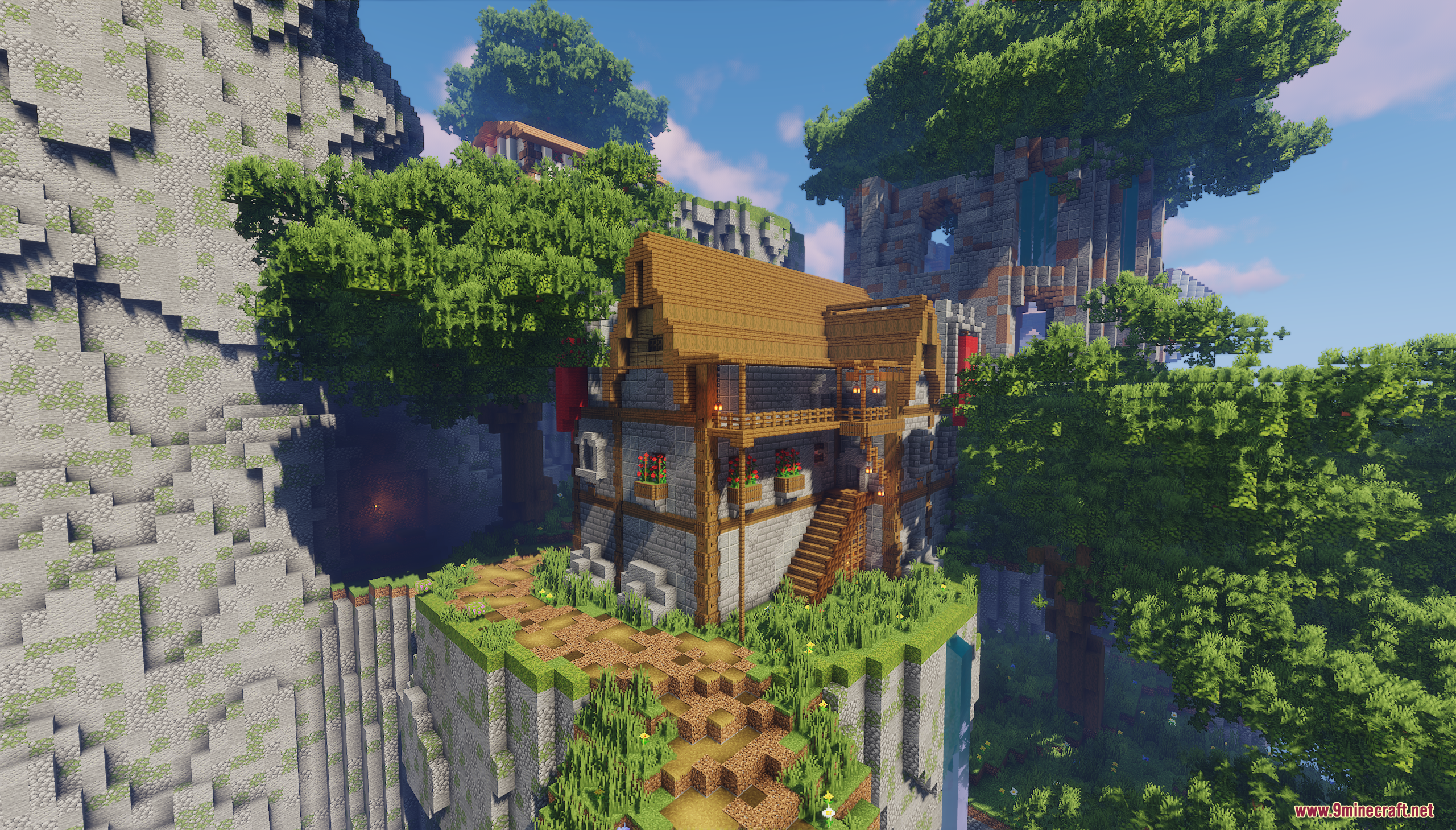 A detailed medieval house perched on a lush mountain cliff