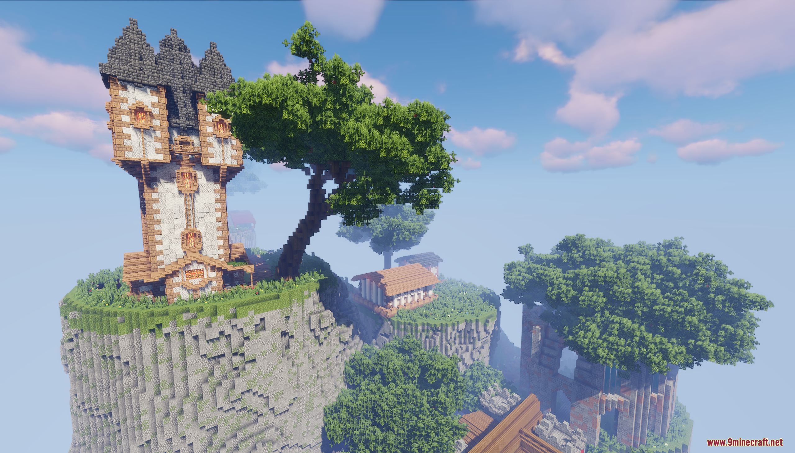 A tall medieval tower stands on a floating island