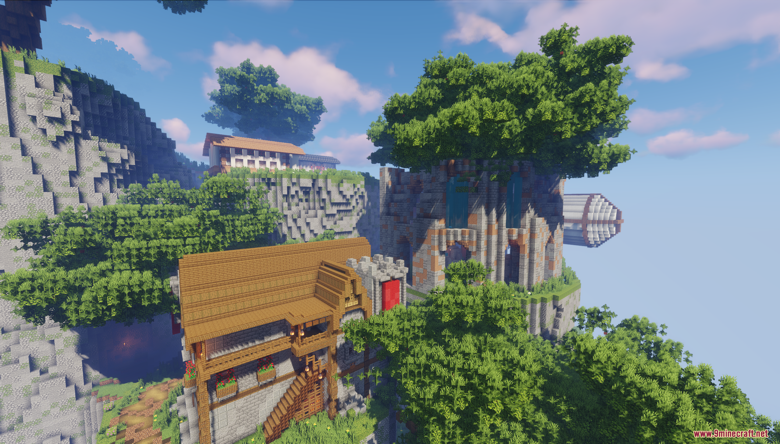 A sprawling mountain village with diverse architectural styles
