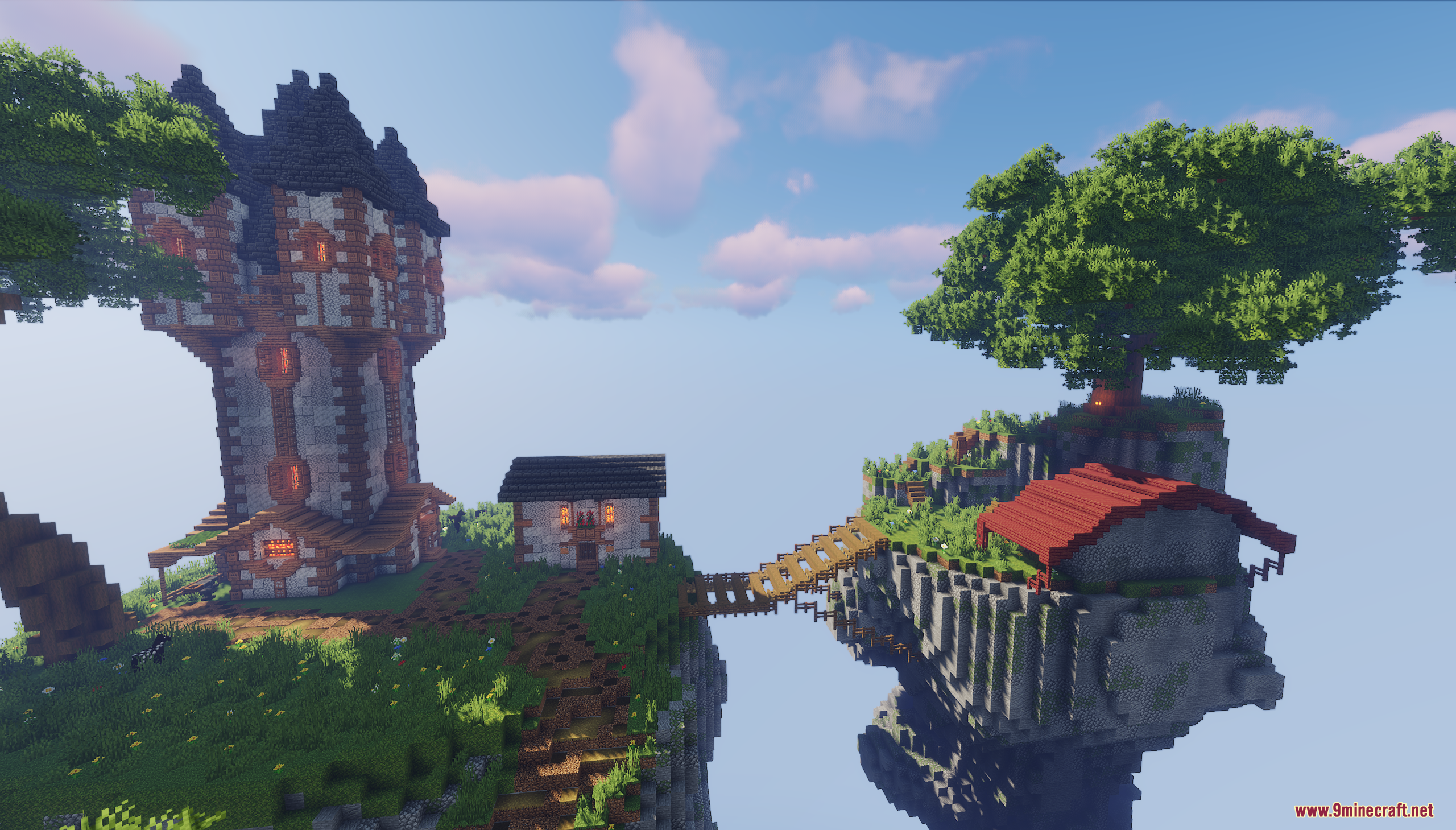 A medieval tower connected by a bridge to a floating island