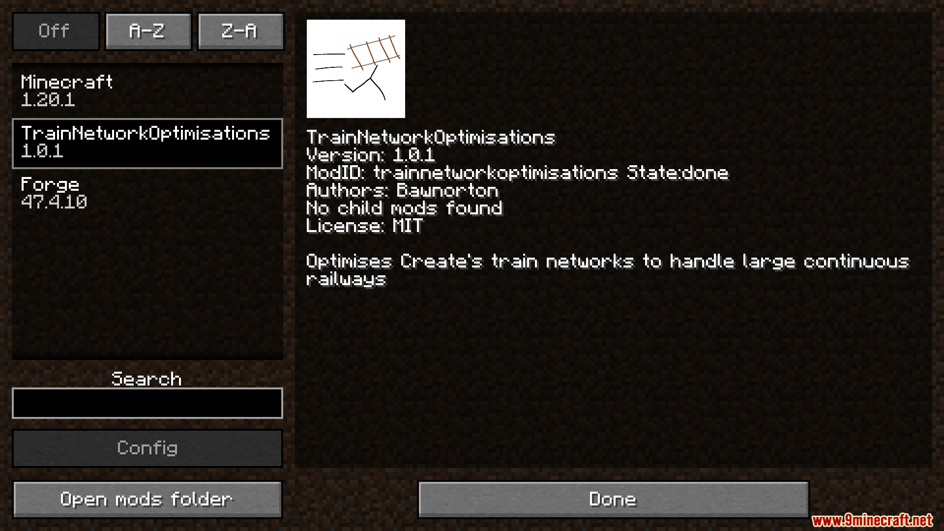 TrainNetworkOptimisations mod details in the Minecraft mods menu