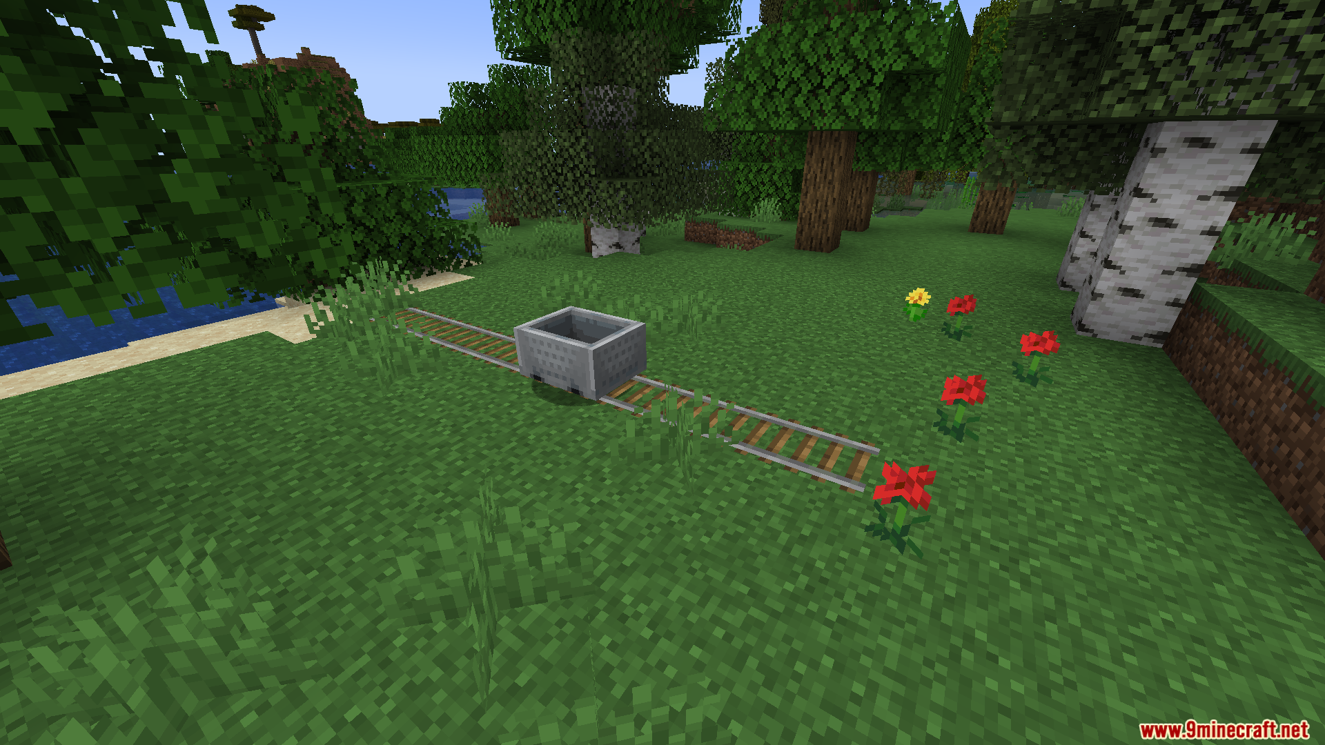 A lone minecart sitting on a short railway track