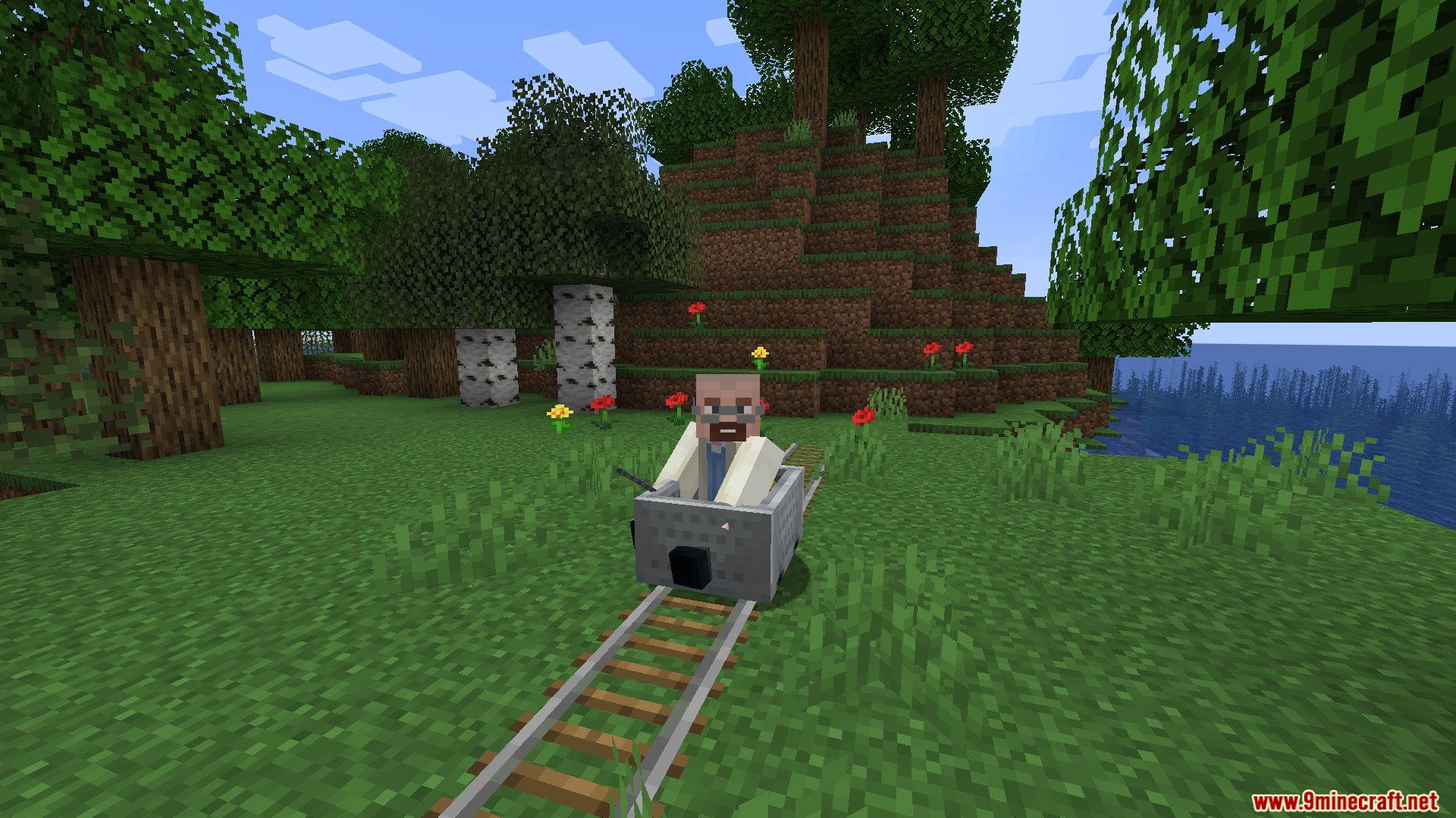 A character with a beard riding in a minecart