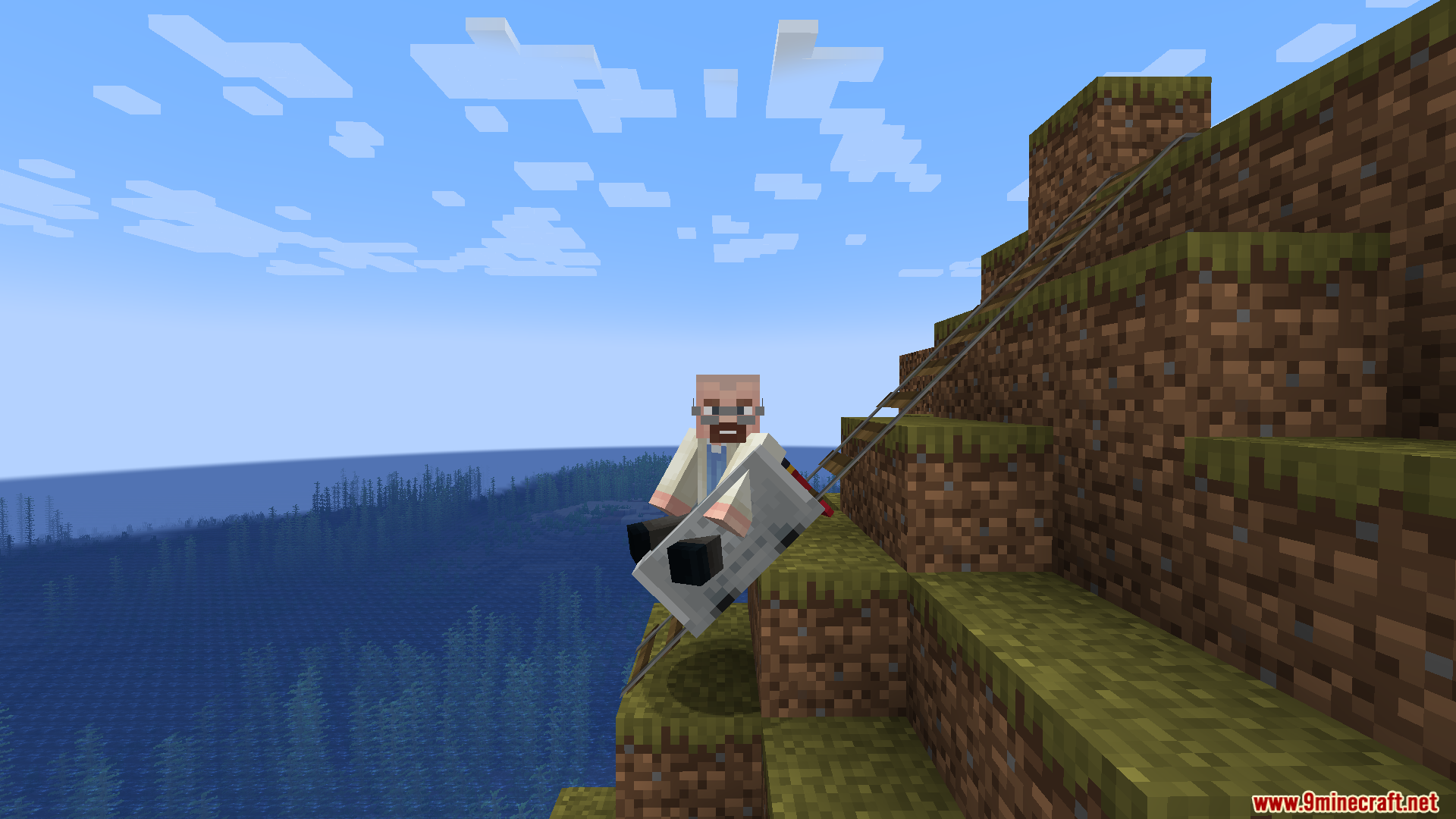 The minecart travels up a steep track on a cliff