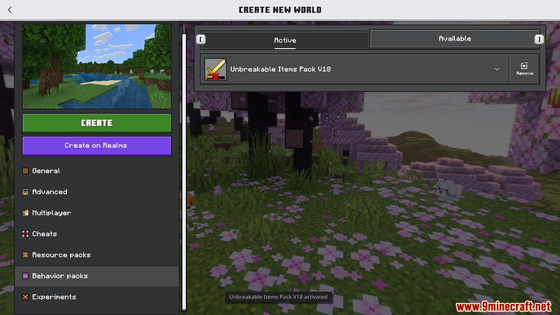 TrayePlays Unbreakable Items Addon Screenshot 1 Activating the Unbreakable Items Pack in the world creation menu