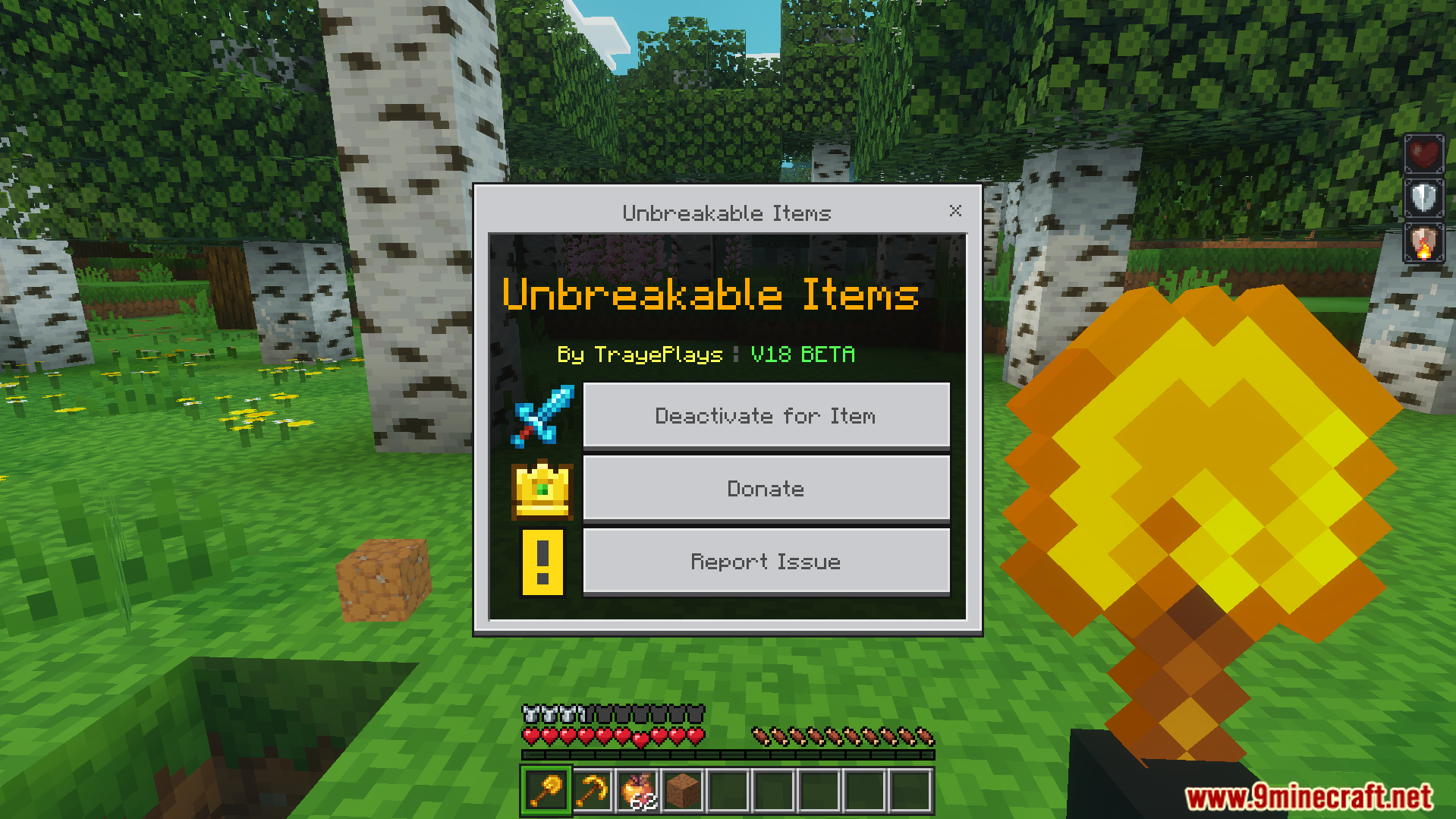 TrayePlays Unbreakable Items Addon Screenshot 3 Menu interface for managing unbreakable items settings in game