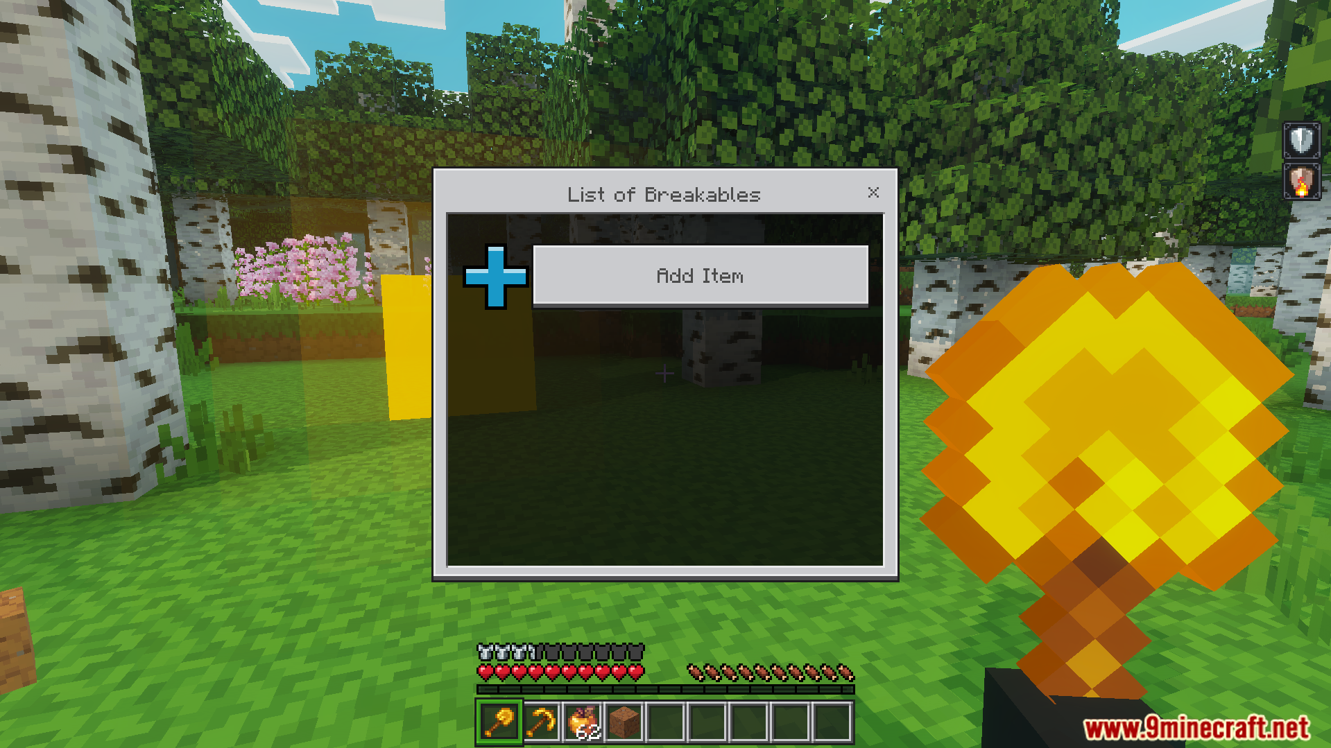 TrayePlays Unbreakable Items Addon Screenshot 4 List of breakables interface showing add item button option