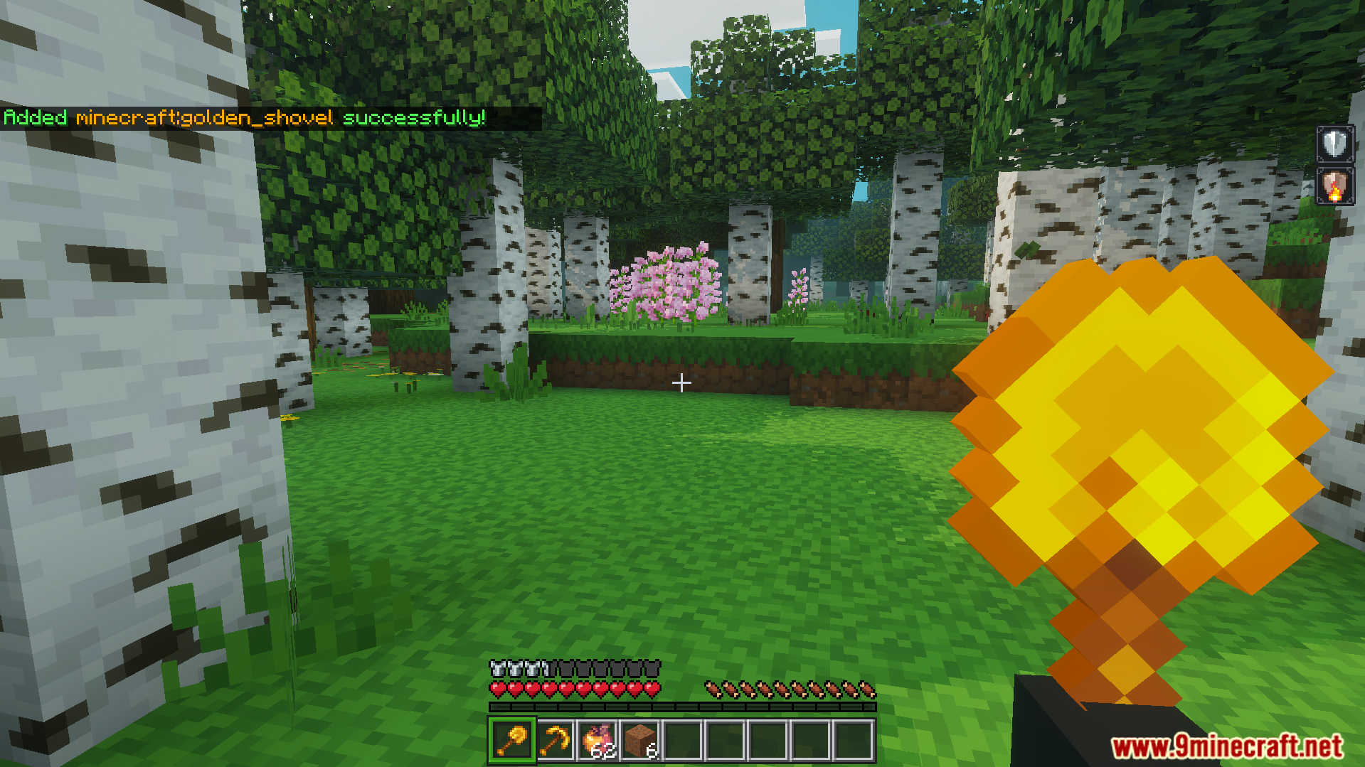 TrayePlays Unbreakable Items Addon Screenshot 5 Player holding a golden shovel in a birch forest