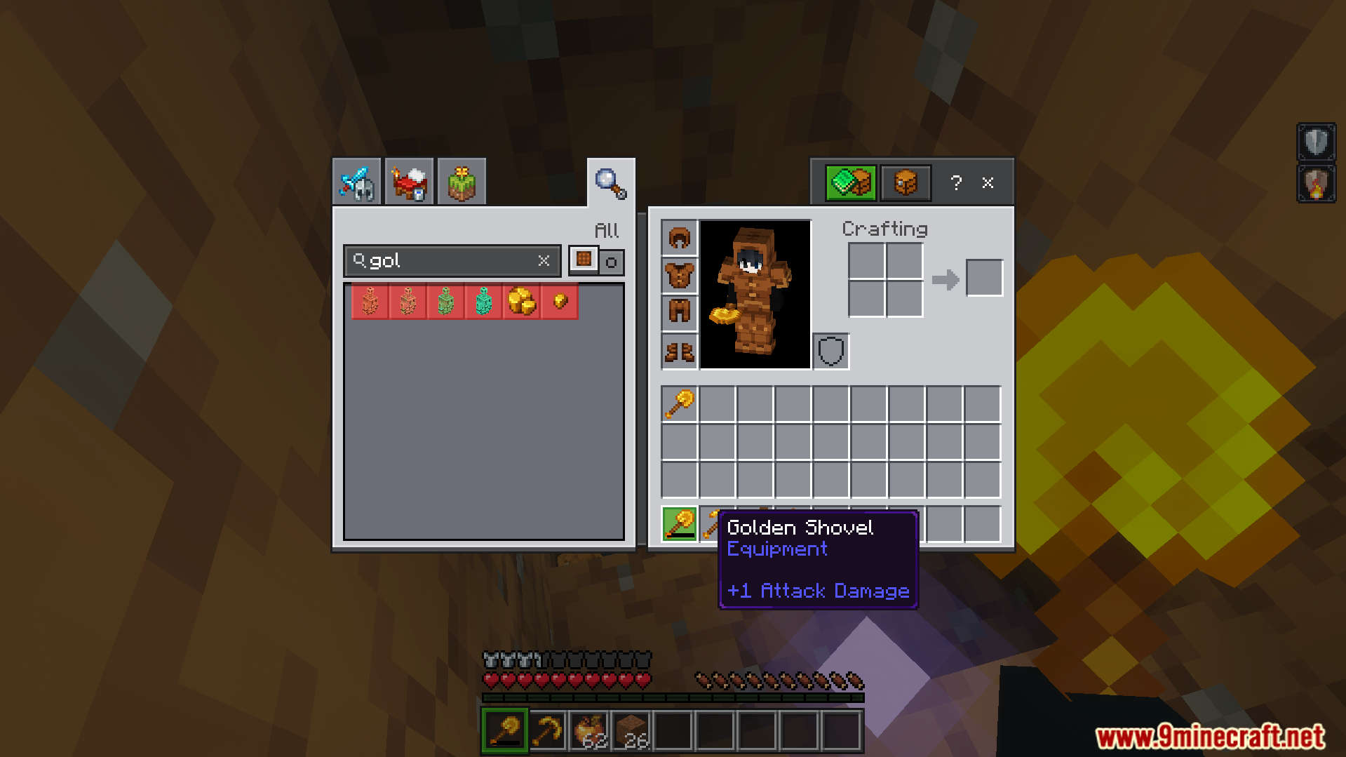 TrayePlays Unbreakable Items Addon Screenshot 6 Inventory screen showing an unbreakable golden shovel item