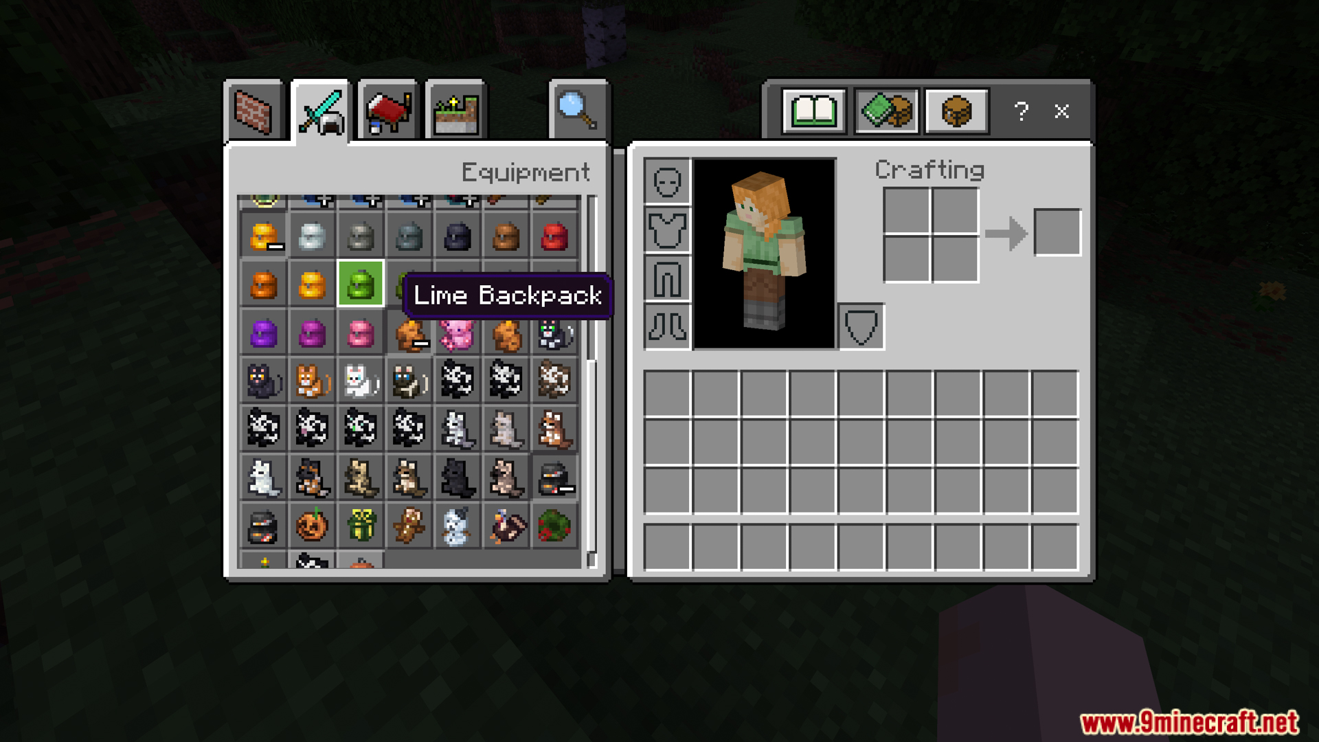 A menu shows colorful and animal themed backpacks for crafting