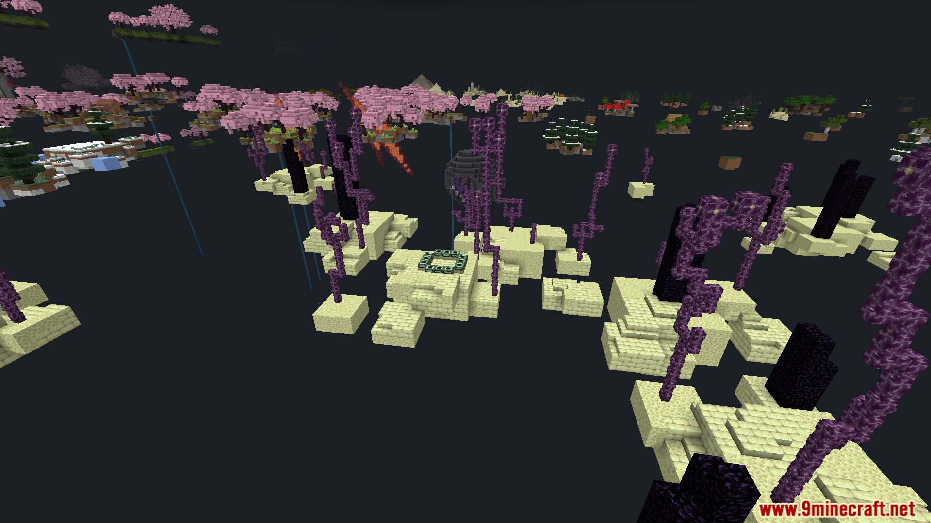 Vast sky filled with floating End islands and custom structures