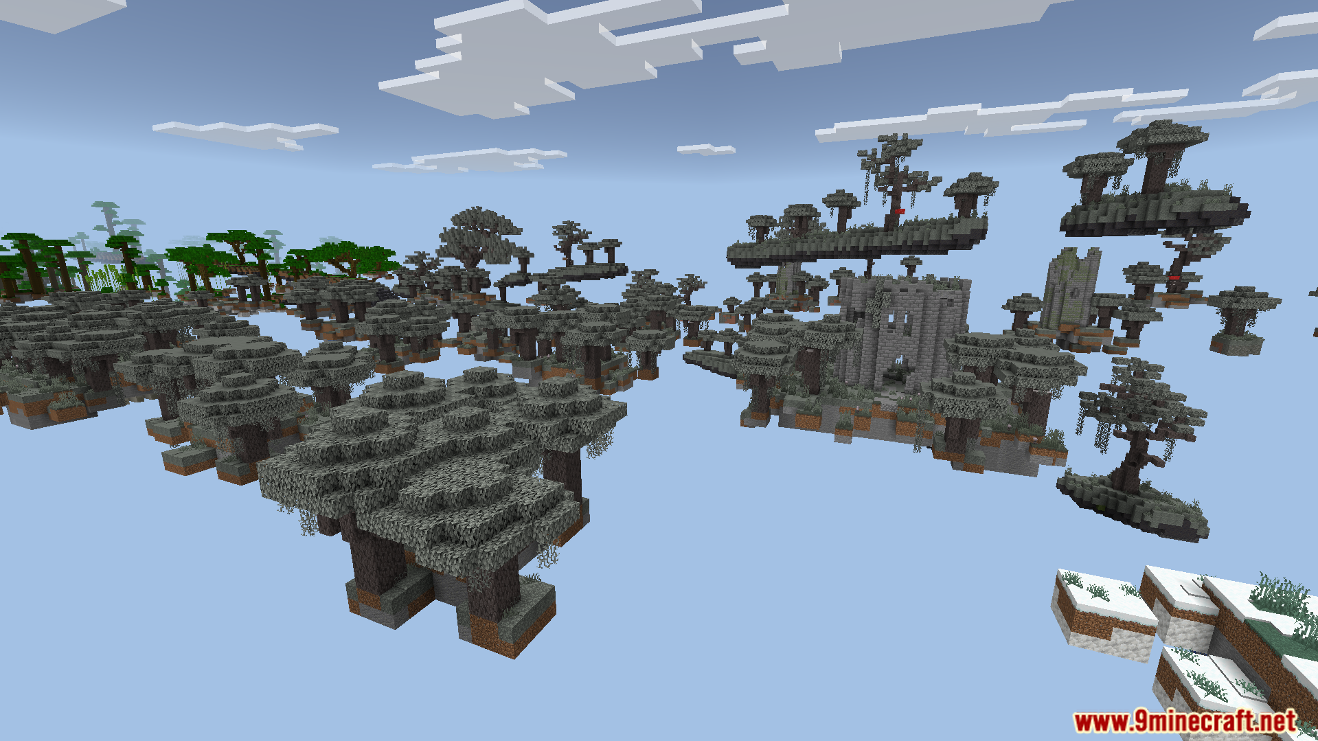 Find large custom structures hidden on floating islands in the sky