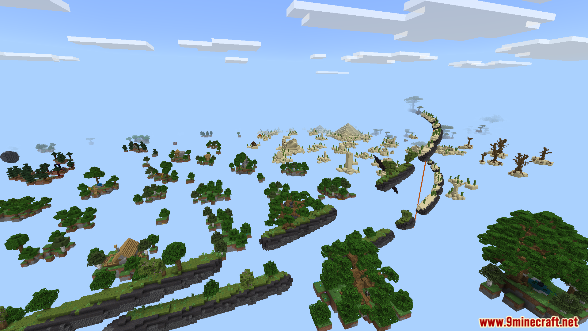 A vast sky filled with many small and large floating islands
