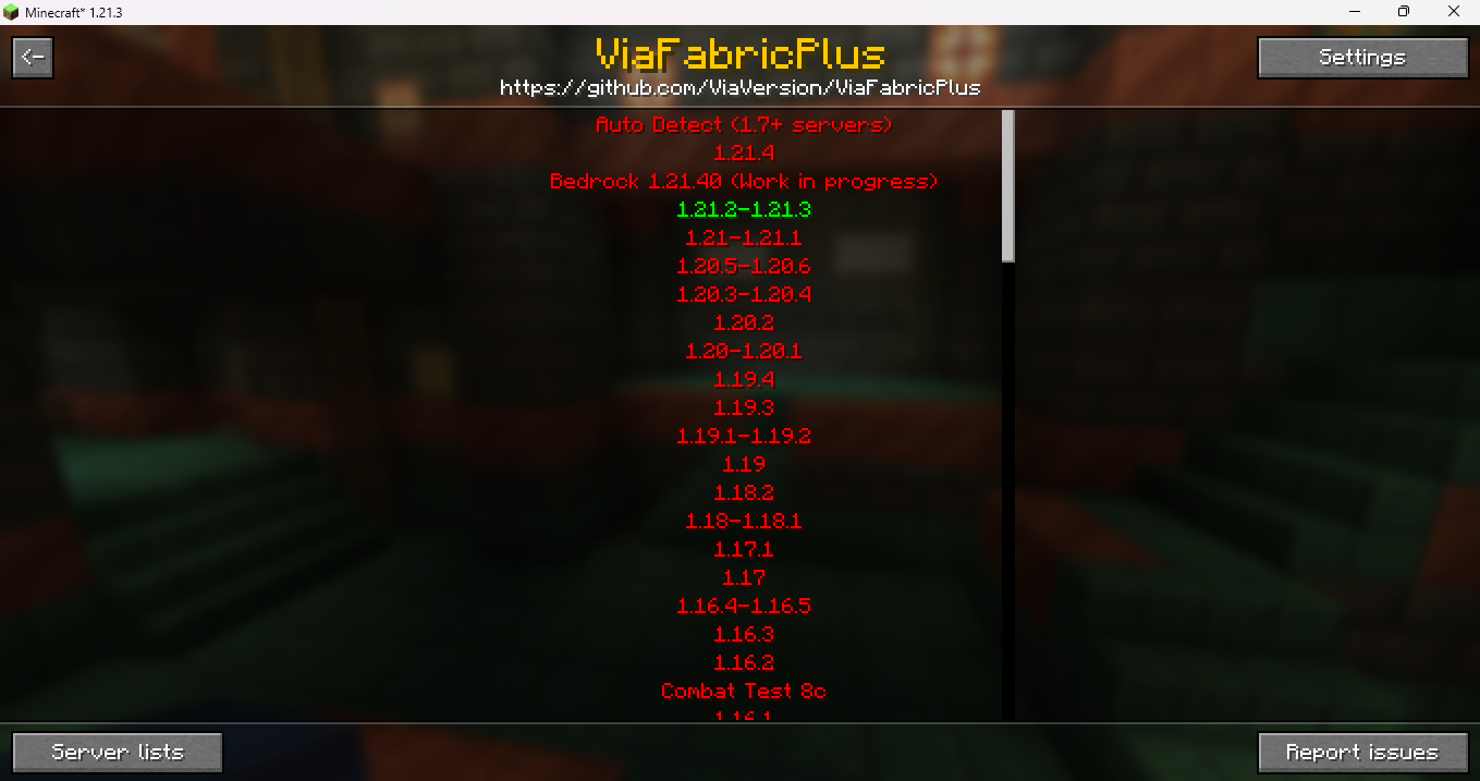 UI-Utils Advanced Mod Screenshot 3 ViaFabricPlus version selection menu displaying supported game versions in red and green